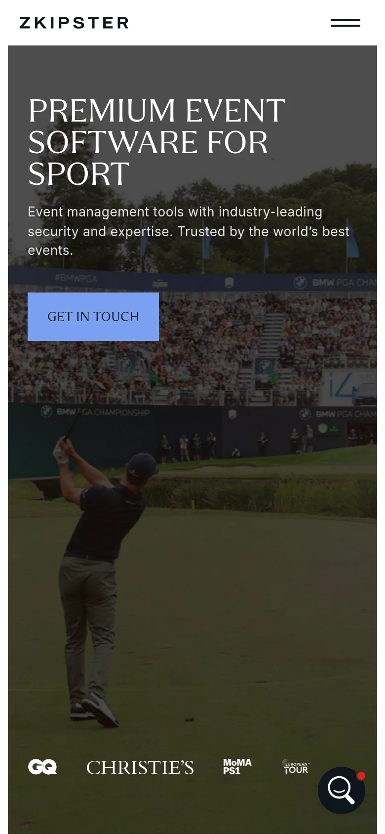 The mobile version presents a vertically stacked layout, starting with a hero section featuring a golfer and the headline 'PREMIUM EVENT SOFTWARE FOR SPORT'. A prominent blue 'GET IN TOUCH' button is centered below the text. At the bottom, client logos like GQ and Christie's are arranged in a single row above a search icon.