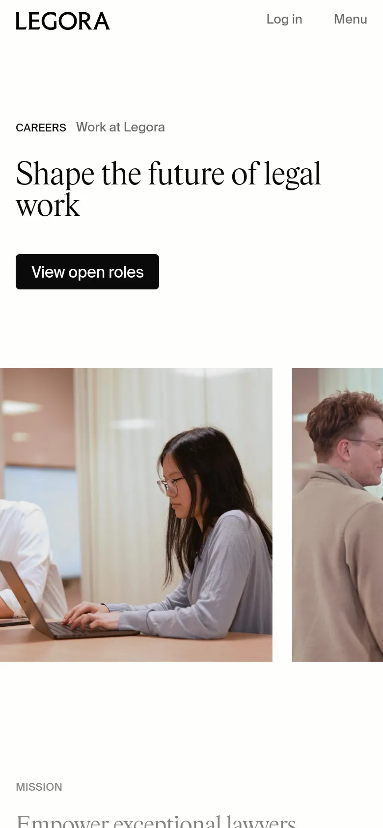 Legora careers page on mobile with a stacked layout. The headline Shape the future of legal work is followed by a prominent View open roles button and a cropped, vertical view of office lifestyle imagery.