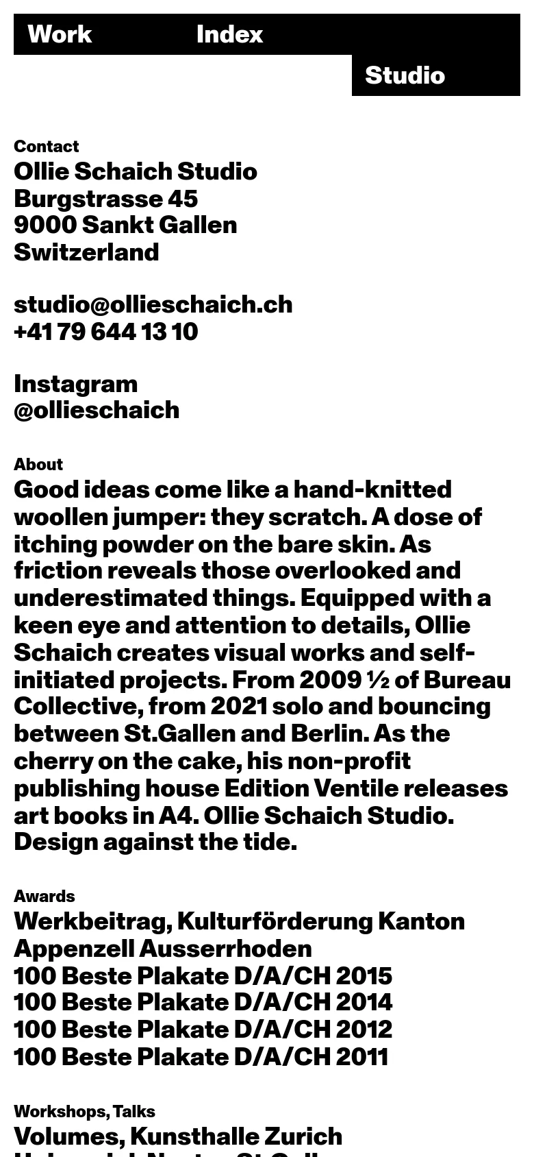 The mobile version presents a single-column vertical layout with the black navigation bar at the top. The text content, including Contact, About, and various lists like Awards and Exhibitions, is stacked vertically in a large, bold sans-serif font for easy readability on a small screen.