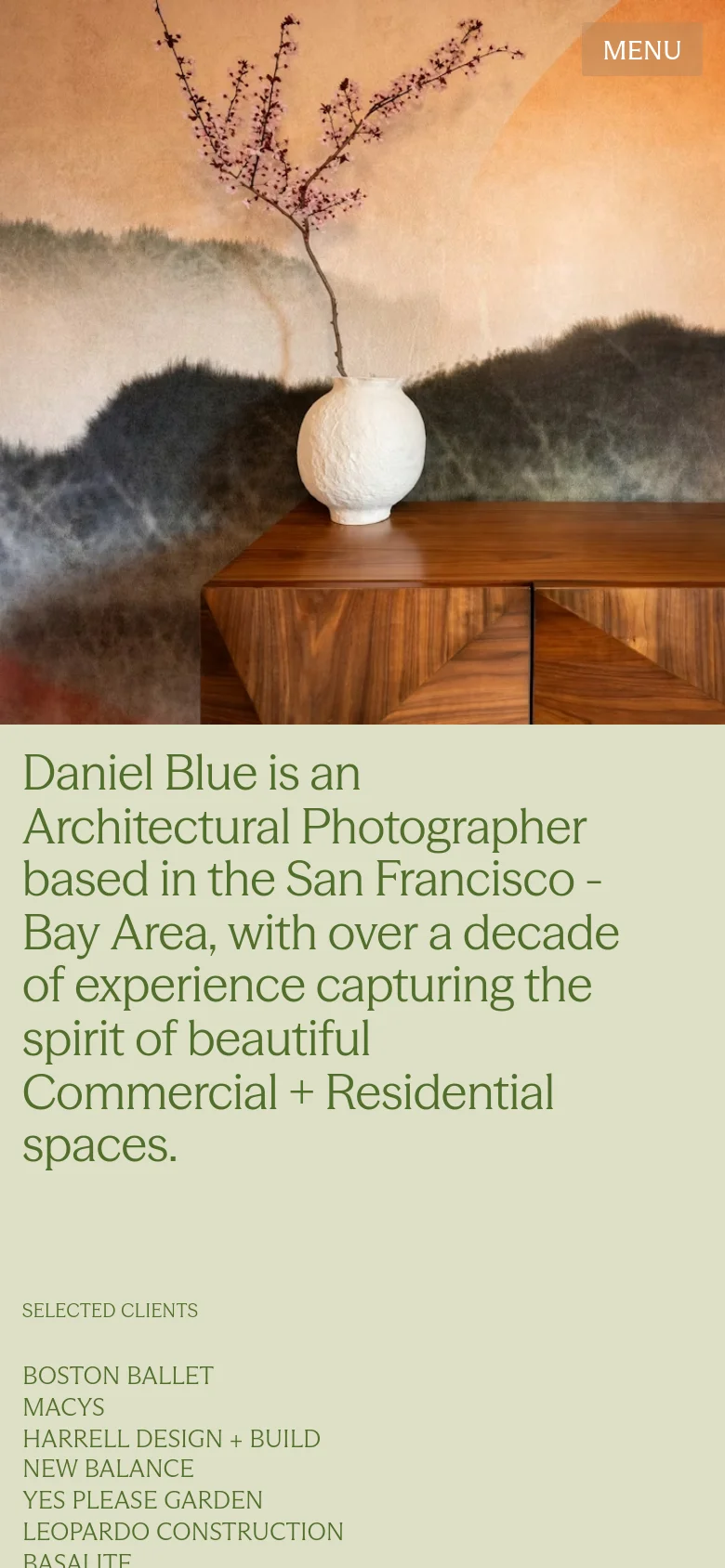 The mobile version presents a vertically stacked layout, starting with the hero image of the vase and branches at the top. Below the image, the main headline and introductory text are centered on a sage green background, followed by a list of selected clients. The navigation is condensed into a 'MENU' button in the top right corner.