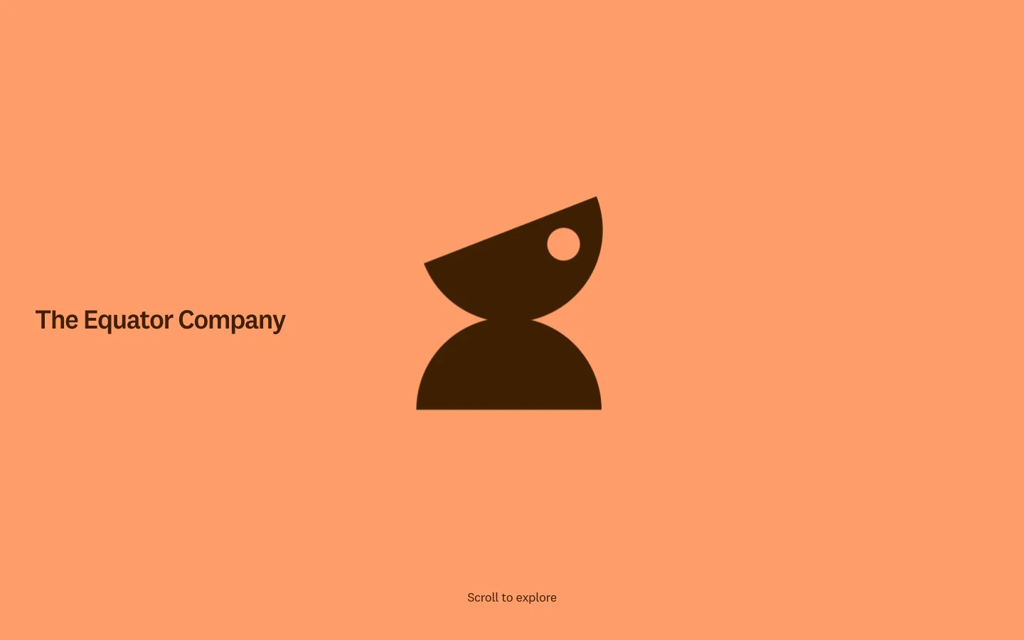 The desktop homepage features a minimalist peach-colored background with a large dark brown abstract logo in the center. To the left, the text 'The Equator Company' is displayed in a dark serif font, and at the bottom, a 'Scroll to explore' prompt is visible.