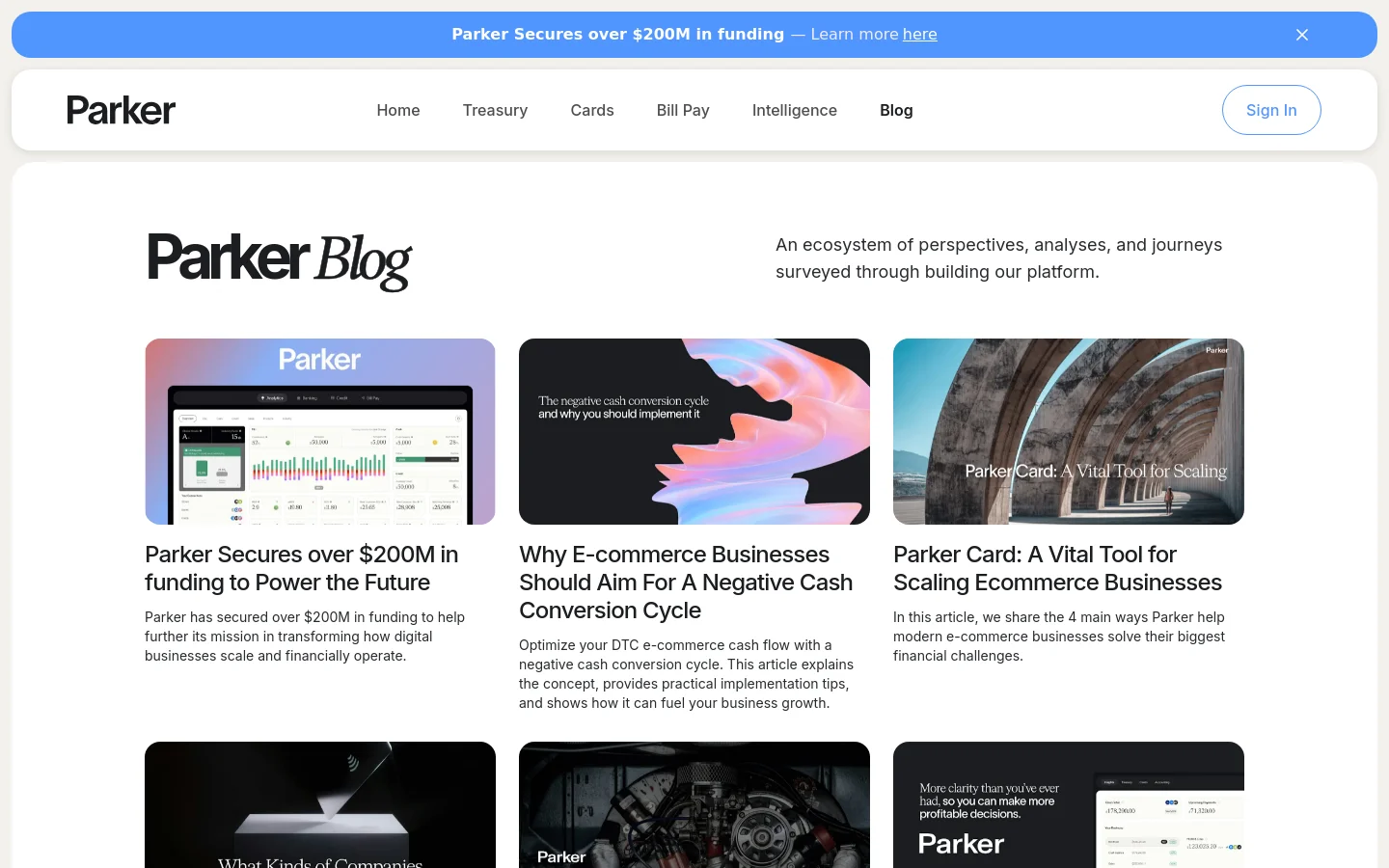 The Parker Blog desktop page features a clean white background with a navigation bar at the top containing links for Home, Treasury, Cards, Bill Pay, Intelligence, and Blog, alongside a Sign In button. A large 'Parker Blog' headline is followed by a brief description, leading into a grid layout of blog post cards, each containing a featured image, a bold headline, and a short summary. A blue announcement banner at the very top highlights recent funding news.