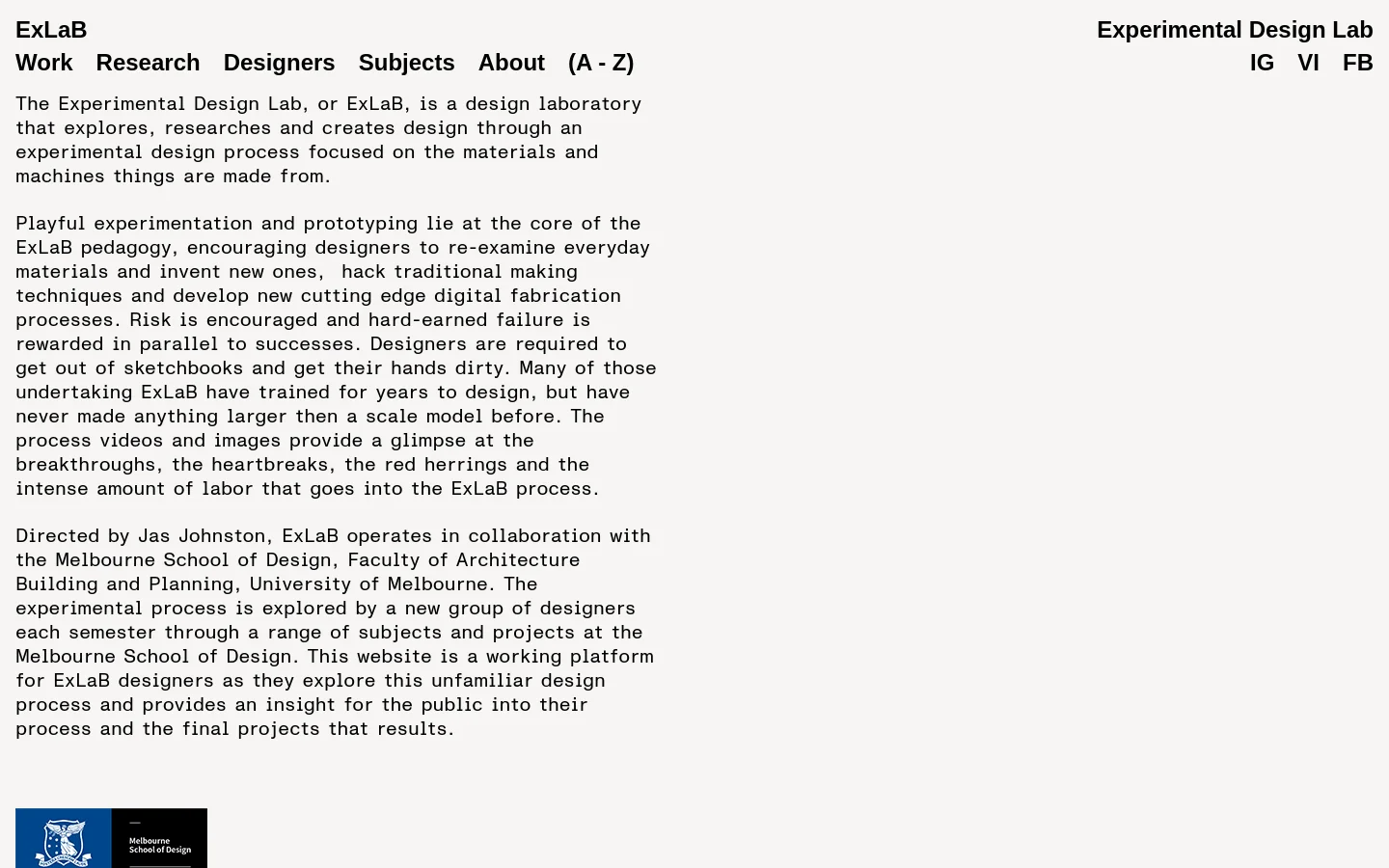 The desktop About page features a clean, minimalist layout with black text on a white background. A navigation menu is at the top, followed by several paragraphs of descriptive text about the Experimental Design Lab and a small logo for the Melbourne School of Design at the bottom left.