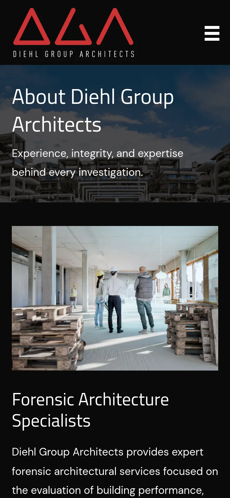 The mobile version uses a simplified layout with a hamburger menu icon in the header next to the red and white logo. The hero section displays the same building image and 'About Diehl Group Architects' text, but the content below stacks vertically, showing the construction site image above the 'Forensic Architecture Specialists' heading and text.