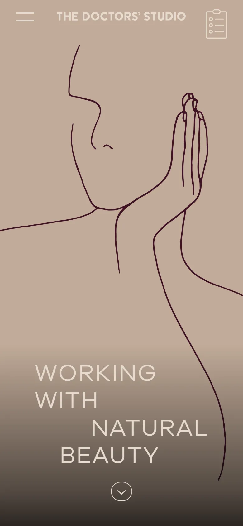 The mobile version maintains the beige aesthetic and line art profile but shifts the layout to a vertical orientation. The headline 'WORKING WITH NATURAL BEAUTY' is centered at the bottom of the screen, and the navigation is condensed into a hamburger menu icon at the top left, with the logo and a 'Request a consultation' button at the top.