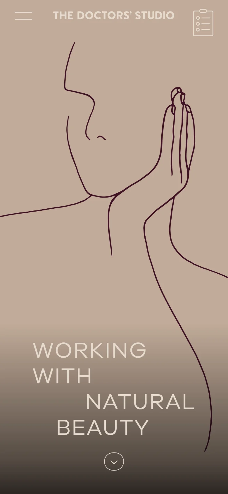 The mobile version maintains the beige aesthetic and line art profile but shifts the layout to a vertical orientation. The headline 'WORKING WITH NATURAL BEAUTY' is centered at the bottom of the screen, and the navigation is condensed into a hamburger menu icon at the top left, with the logo and a 'Request a consultation' button at the top.