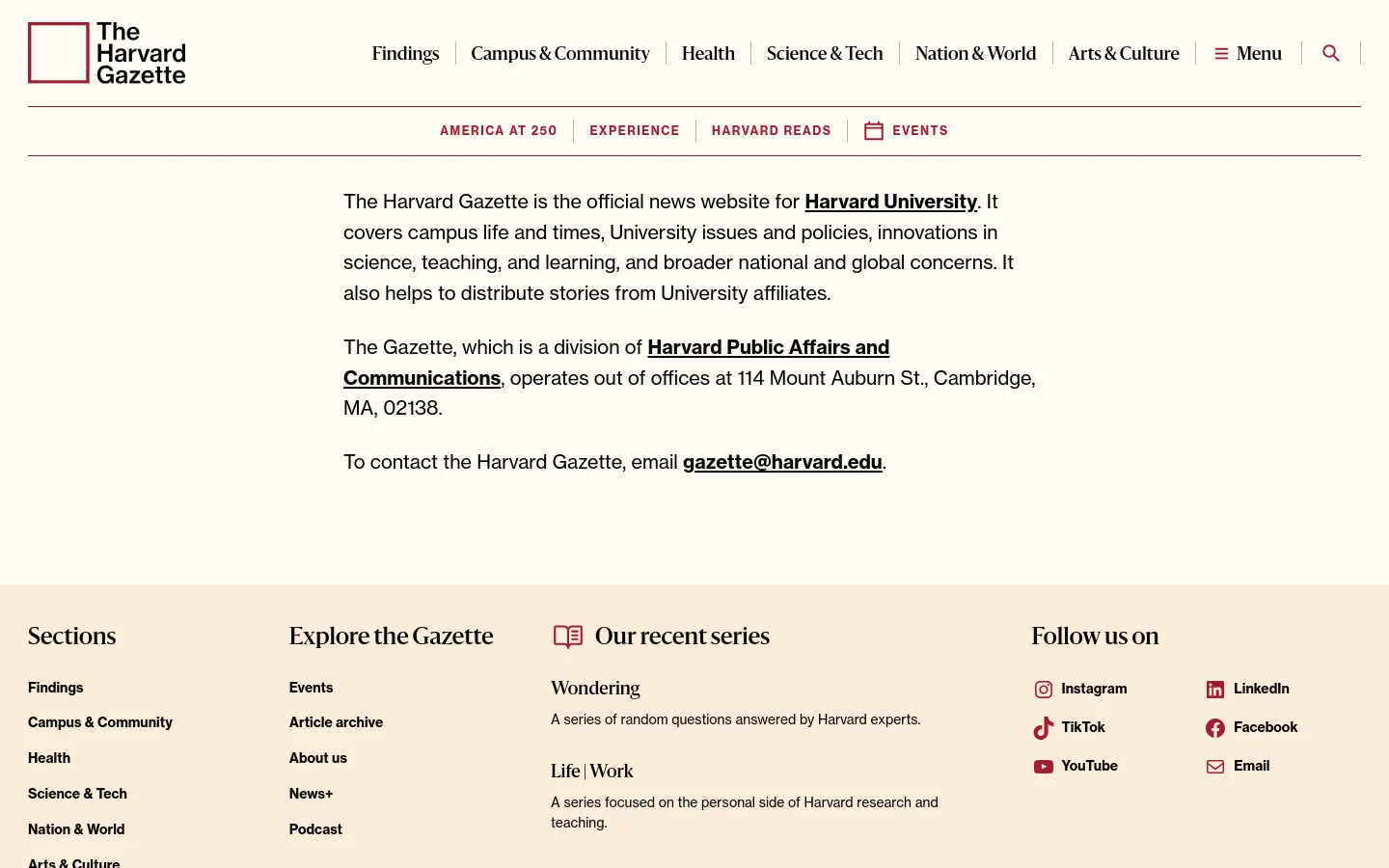 The Harvard Gazette About Us desktop website screenshot