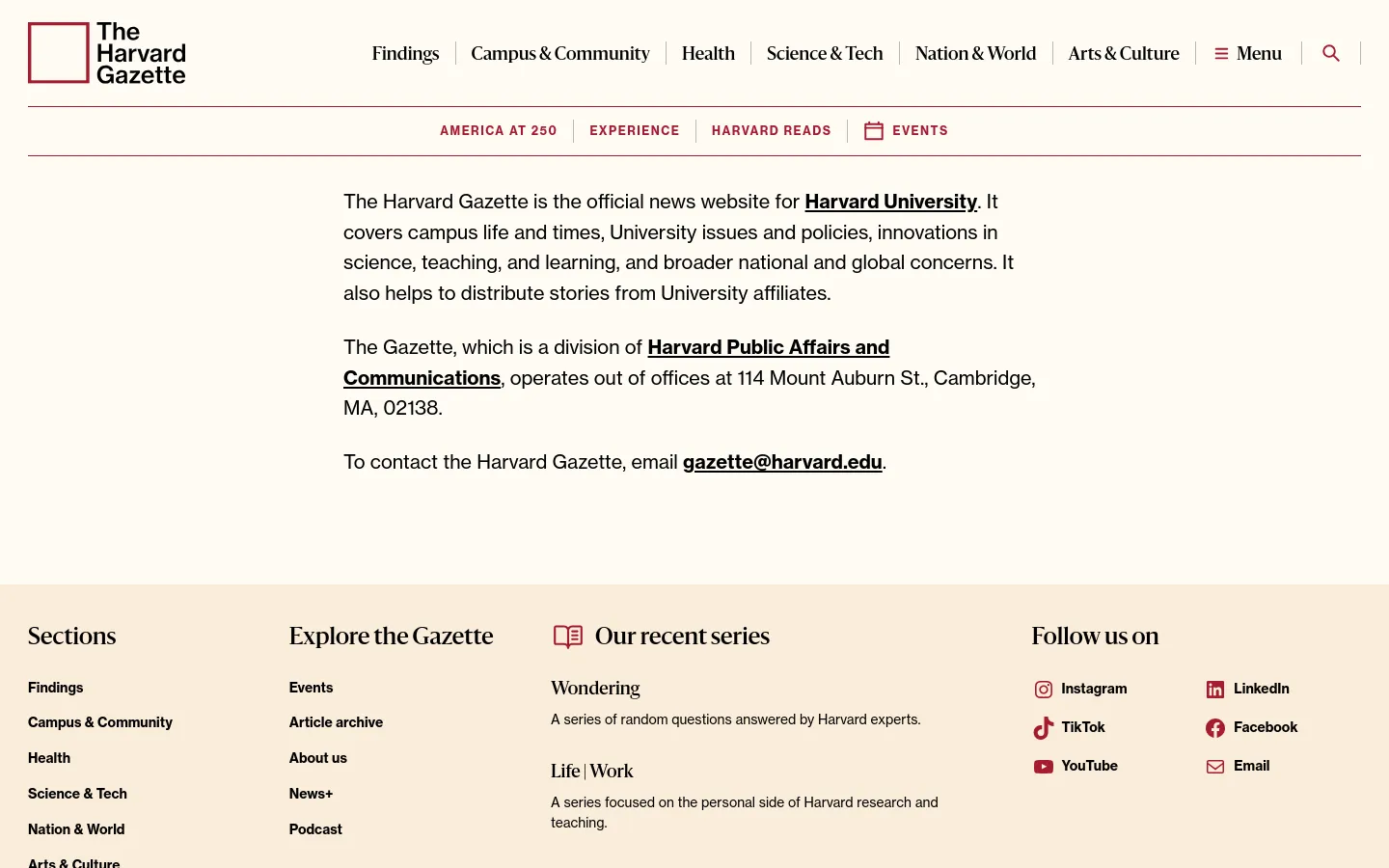The Harvard Gazette About Us desktop website screenshot