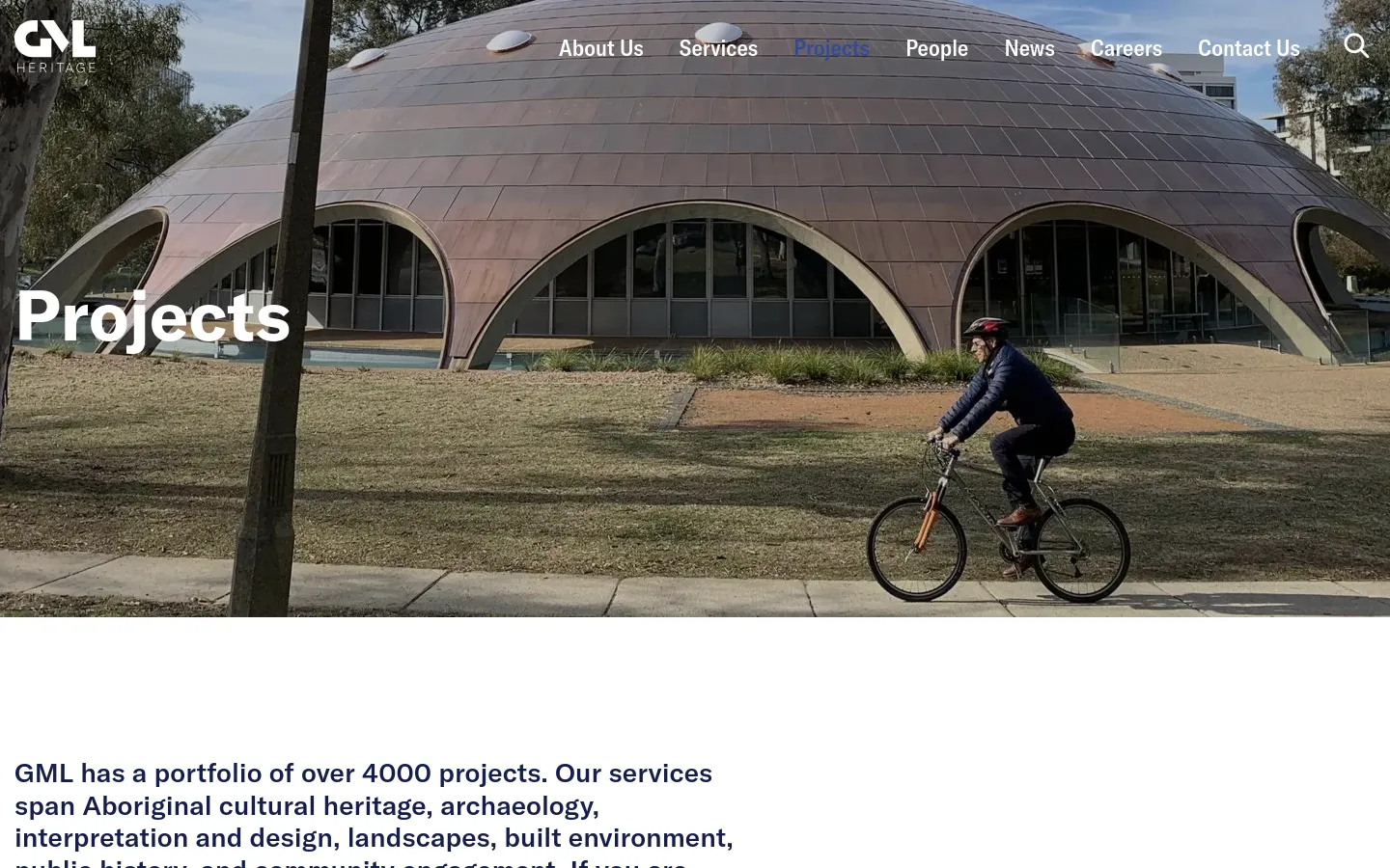 The Projects page features a large hero image of a person on a bicycle in front of a copper-domed building. Below the hero section, a text introduction is followed by a grid of project cards, each containing a thumbnail image, location, and project title. The layout includes a sidebar or top section for filtering projects by services and locations.