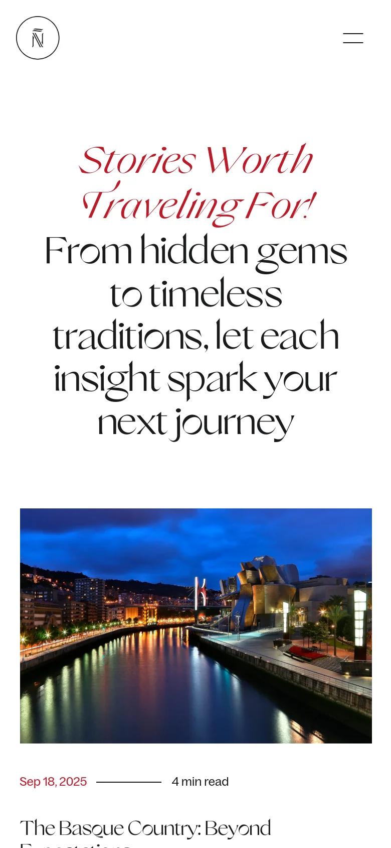 The mobile version uses a simplified layout with a centered logo and a hamburger menu icon on the right. The large red and black headline is stacked vertically to fit the narrow screen, followed by a single large featured image of a city riverfront at dusk. The design maintains a minimalist aesthetic with significant white space.