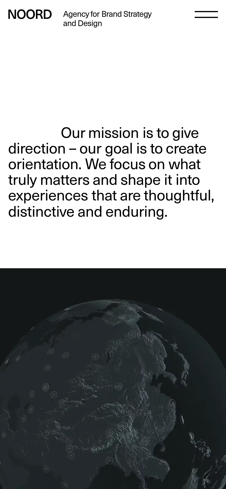 The mobile version maintains the minimalist black and white aesthetic but scales the large mission statement text to fit the narrower screen. The header remains compact with the logo on the left and a two-line hamburger menu icon on the right, while the dark globe imagery remains at the bottom.