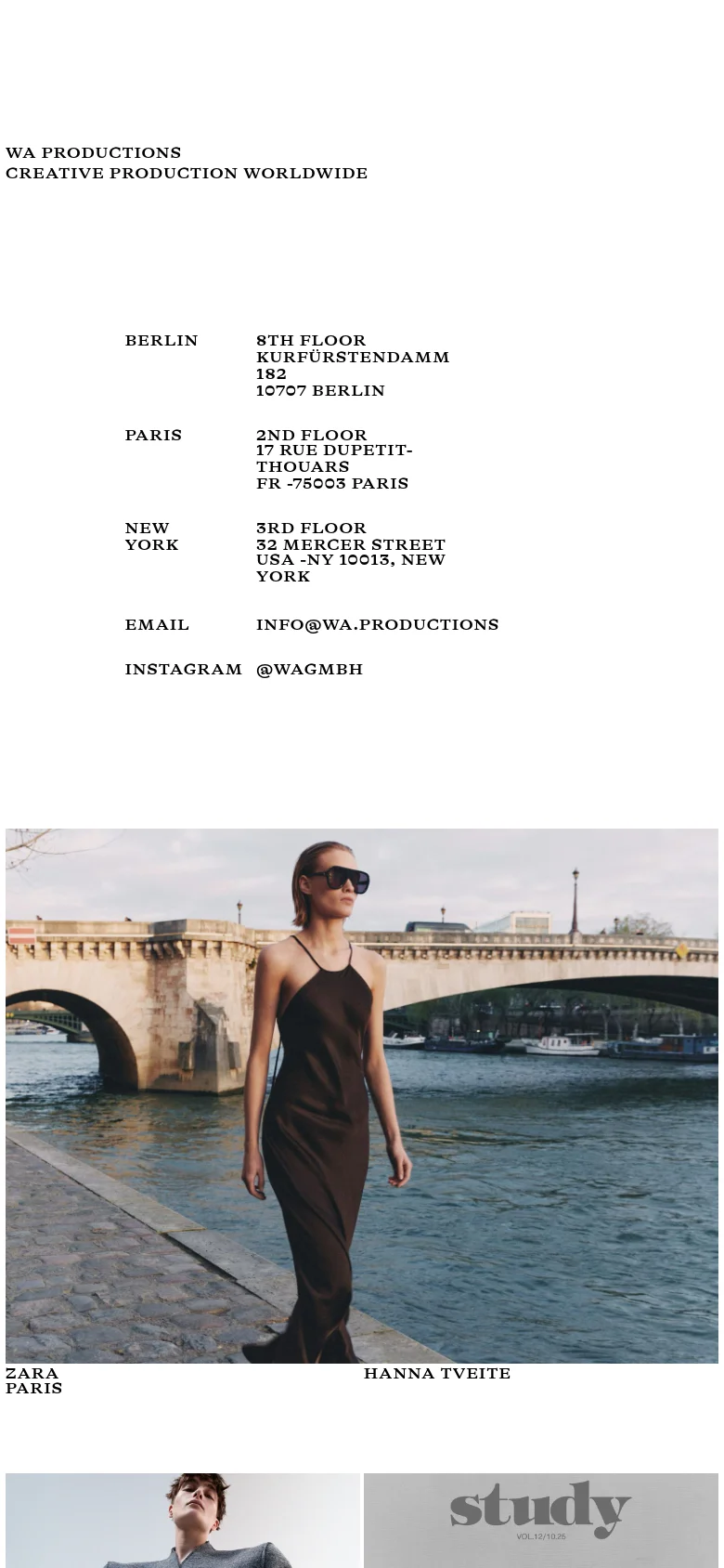 The mobile version maintains the minimalist white and black aesthetic but uses a single-column vertical stack for the header information and contact details. The large fashion imagery spans the full width of the screen, creating a continuous scrolling experience of visual content.