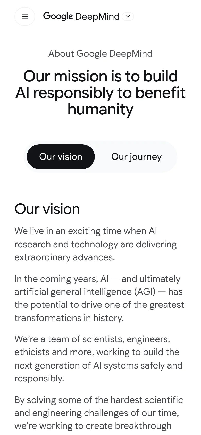 The mobile version presents a simplified vertical layout with a hamburger menu icon and the Google DeepMind logo at the top. The main headline is centered and stacked, followed by two large, stacked navigation buttons for 'Our vision' and 'Our journey.' The text content below is reflowed into a single column for easier reading on a narrow screen.