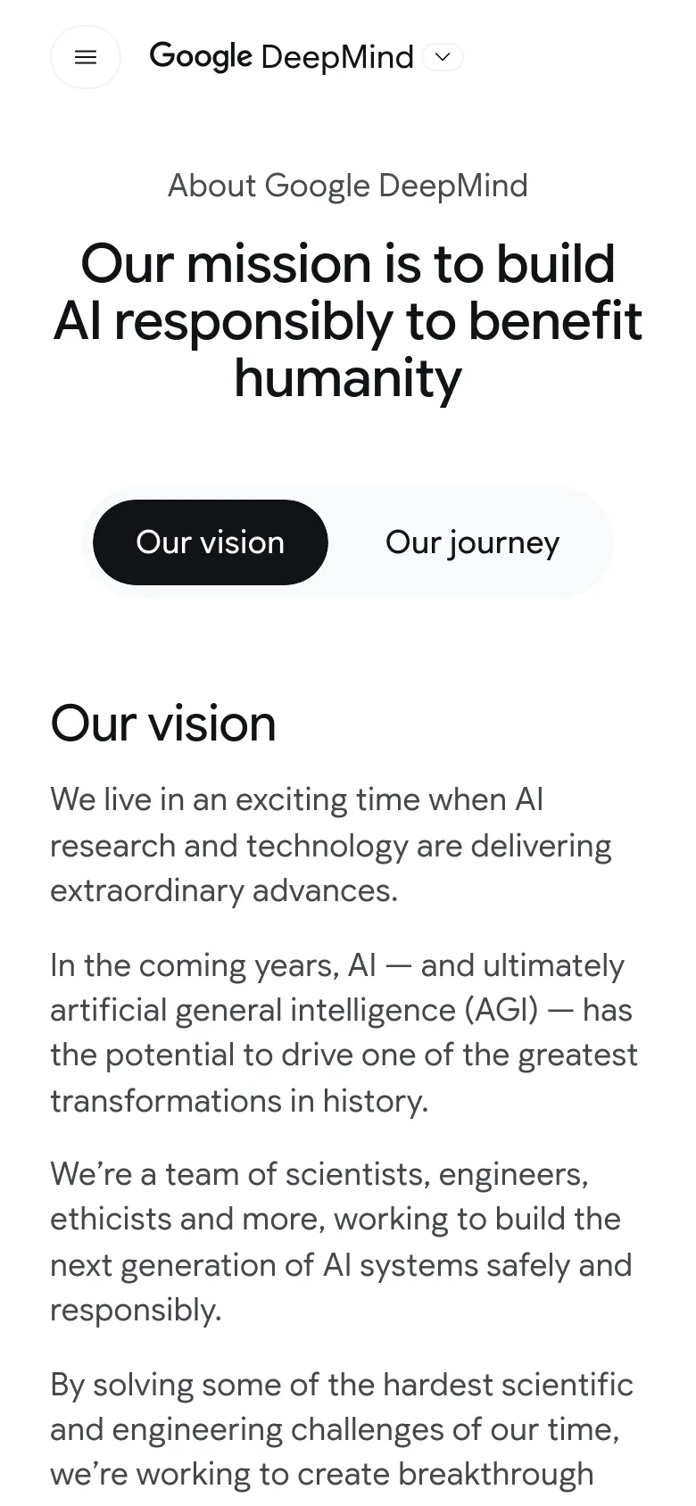 The mobile version presents a simplified vertical layout with a hamburger menu icon and the Google DeepMind logo at the top. The main headline is centered and stacked, followed by two large, stacked navigation buttons for 'Our vision' and 'Our journey.' The text content below is reflowed into a single column for easier reading on a narrow screen.