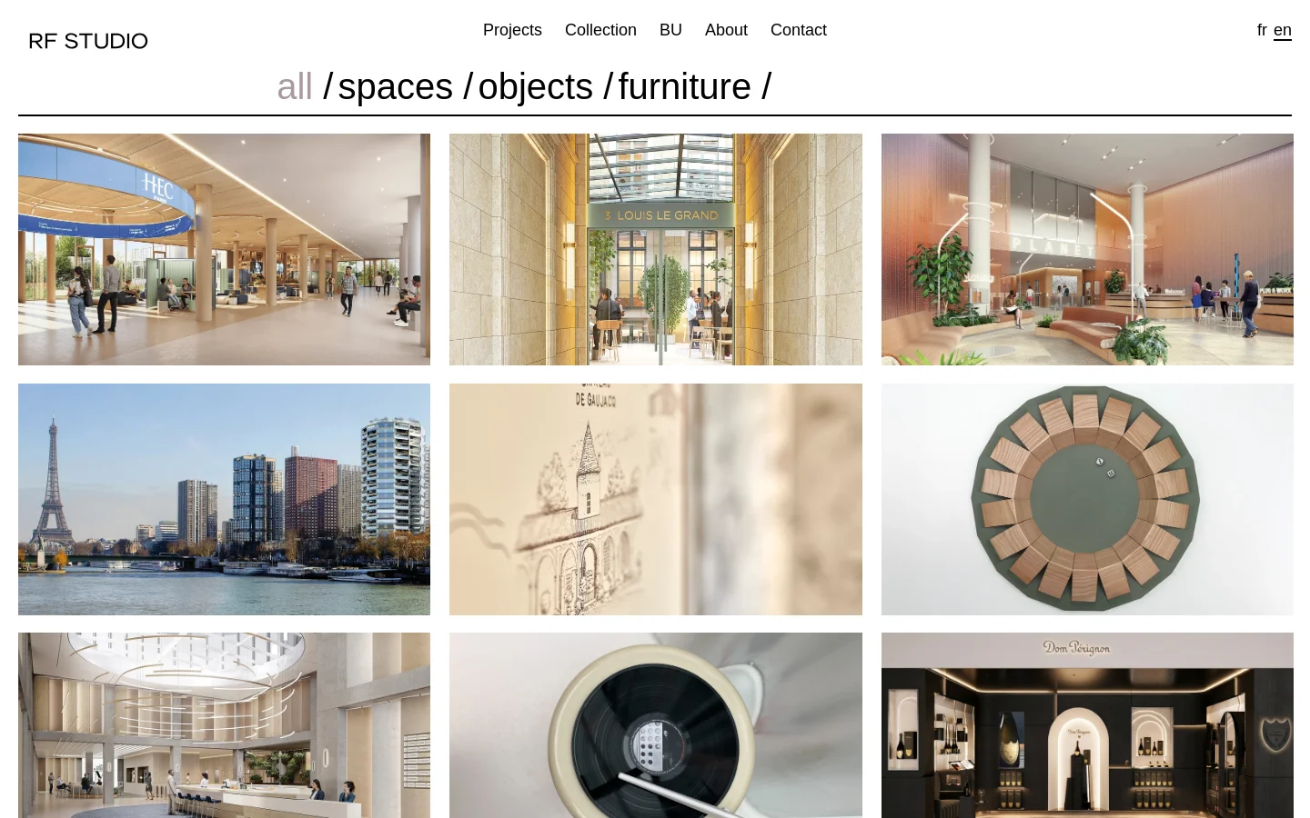 The Projects page features a minimalist white layout with a navigation menu at the top and a large category filter below. A grid of large, high-quality project images showcases various design works, each accompanied by a title and year or status. The desktop view displays a multi-column grid of rectangular images.