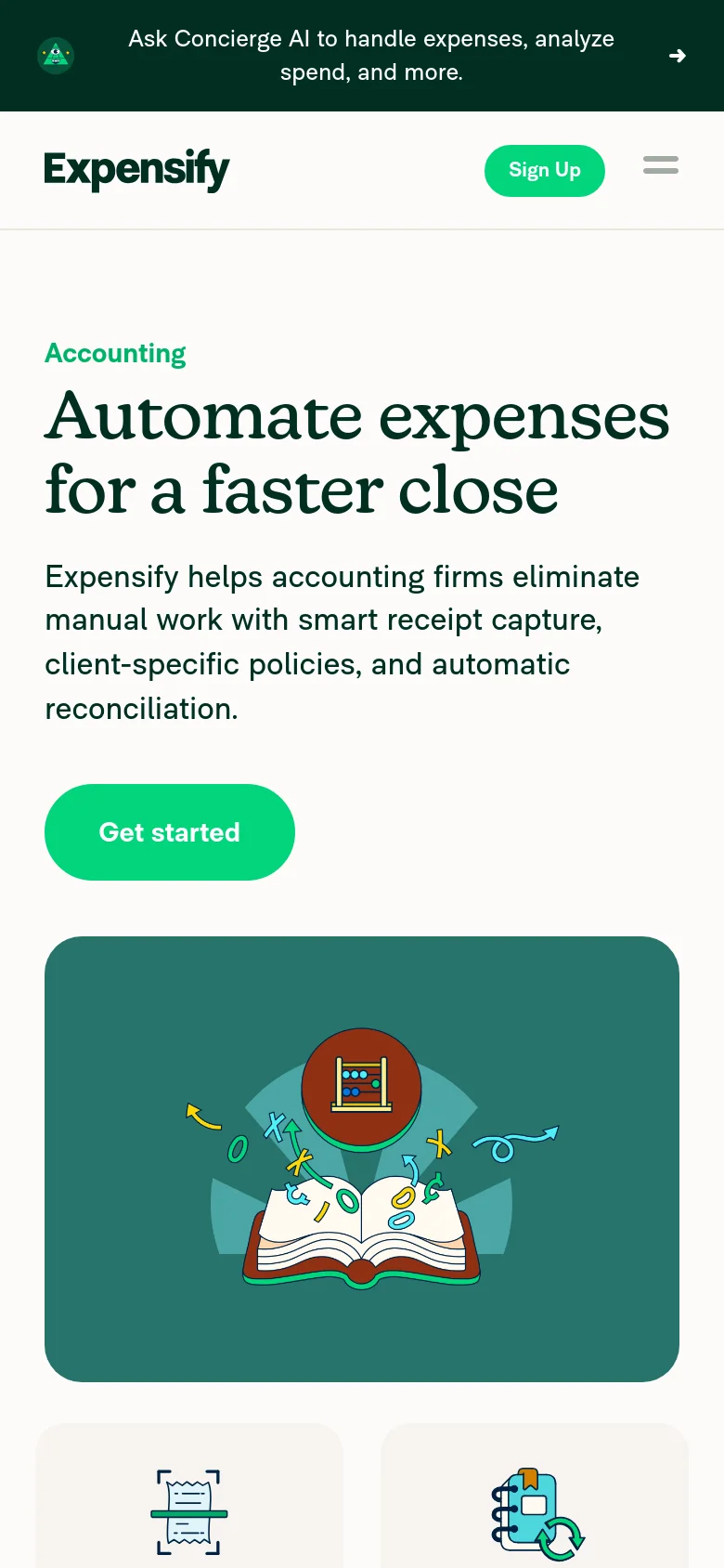 The mobile version uses a single-column vertical layout, stacking the headline, description, and green 'Get started' button above a large teal hero illustration. The feature cards are rearranged into a vertical stack rather than a horizontal row, and the navigation menu is condensed into a hamburger icon next to the 'Sign Up' button.