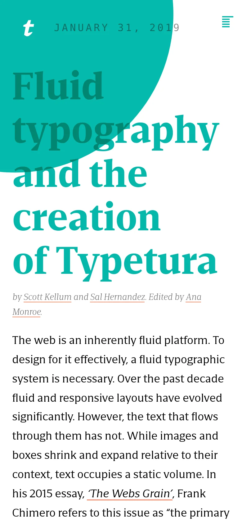Mobile view of the webpage featuring a large teal curved header section at the top. The teal 't' logo and date are centered above the large, teal headline, with a hamburger menu icon in the top right corner and body text appearing below on a white background.