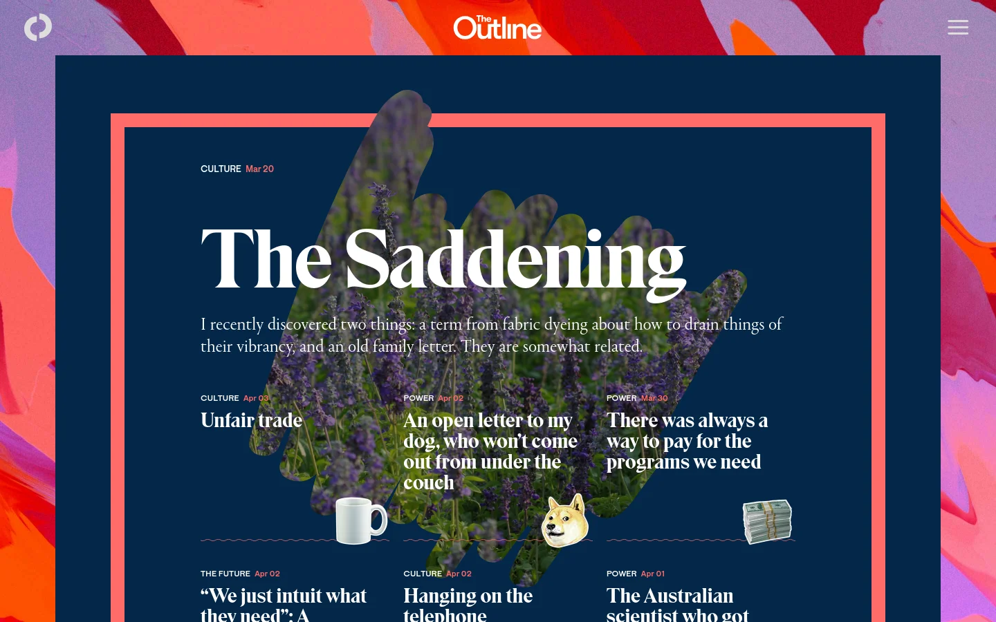 The Outline website features a bold, colorful header with a dark navy background and a large hero section displaying a featured article titled 'The Saddening' over an image of lavender. Below the hero, articles are arranged in a multi-column grid layout with large white serif headlines, category labels, and dates. The design uses high-contrast white text against dark backgrounds and vibrant accent colors in the header.