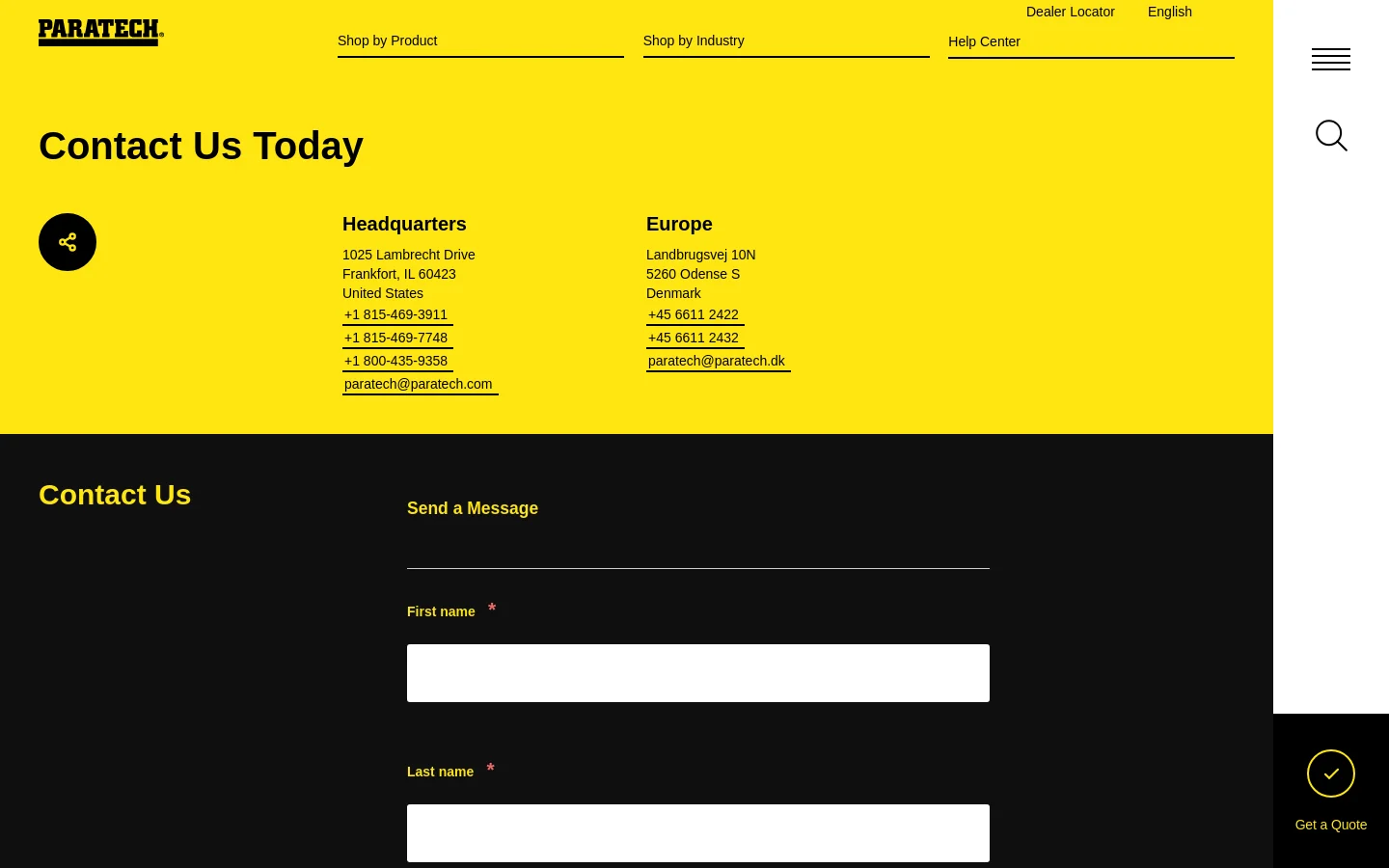 The desktop Contact Us page features a bright yellow header with the Paratech logo, navigation menus, and the headline 'Contact Us Today'. Below the headline, contact information for Headquarters in the United States and Europe is organized into two columns. A black section follows, containing a 'Contact Us' form with fields for 'First name' and 'Last name'.