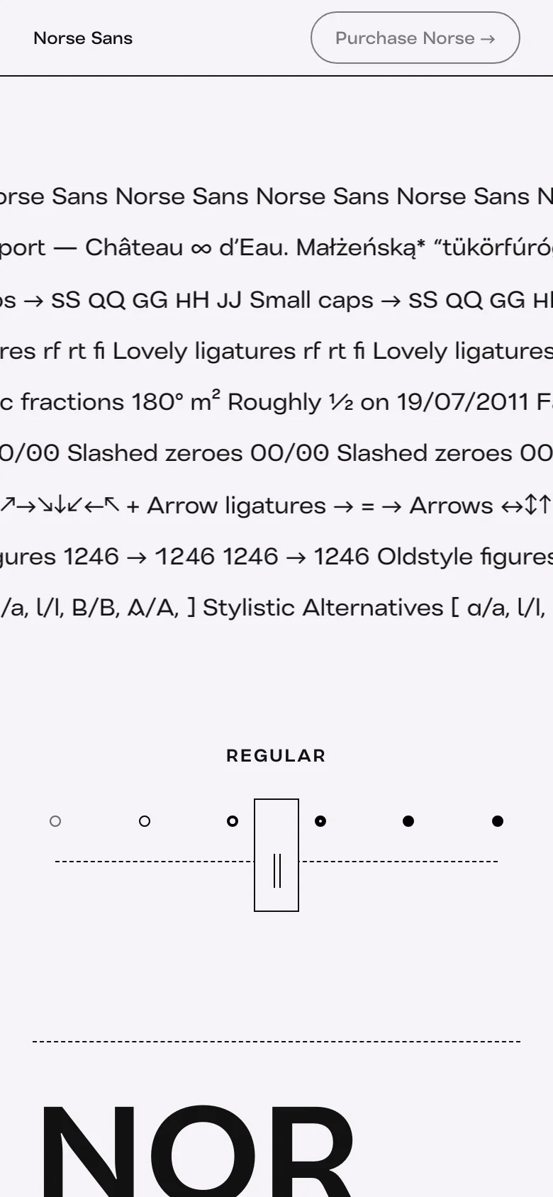 The mobile version maintains the minimalist white and black aesthetic but uses a stacked vertical layout to accommodate the smaller screen. The header is simplified, featuring the brand name and a prominent 'Purchase Norse' button centered or spanning the width.