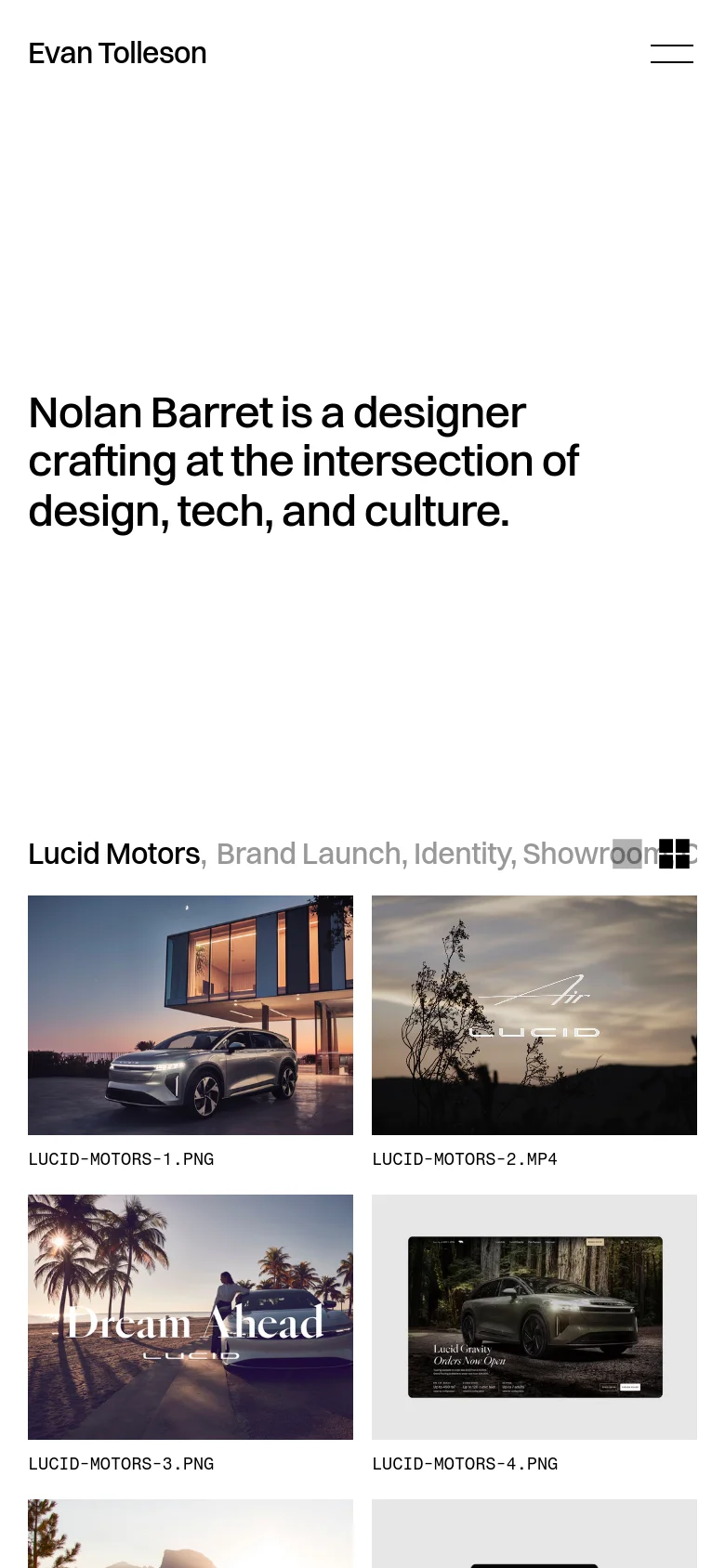 The mobile version maintains the minimalist white and black aesthetic but uses a single-column vertical layout. The large headline is centered, and the Lucid Motors project grid transitions into a stacked series of full-width images and videos. A hamburger menu icon replaces the top navigation links for a cleaner mobile interface.