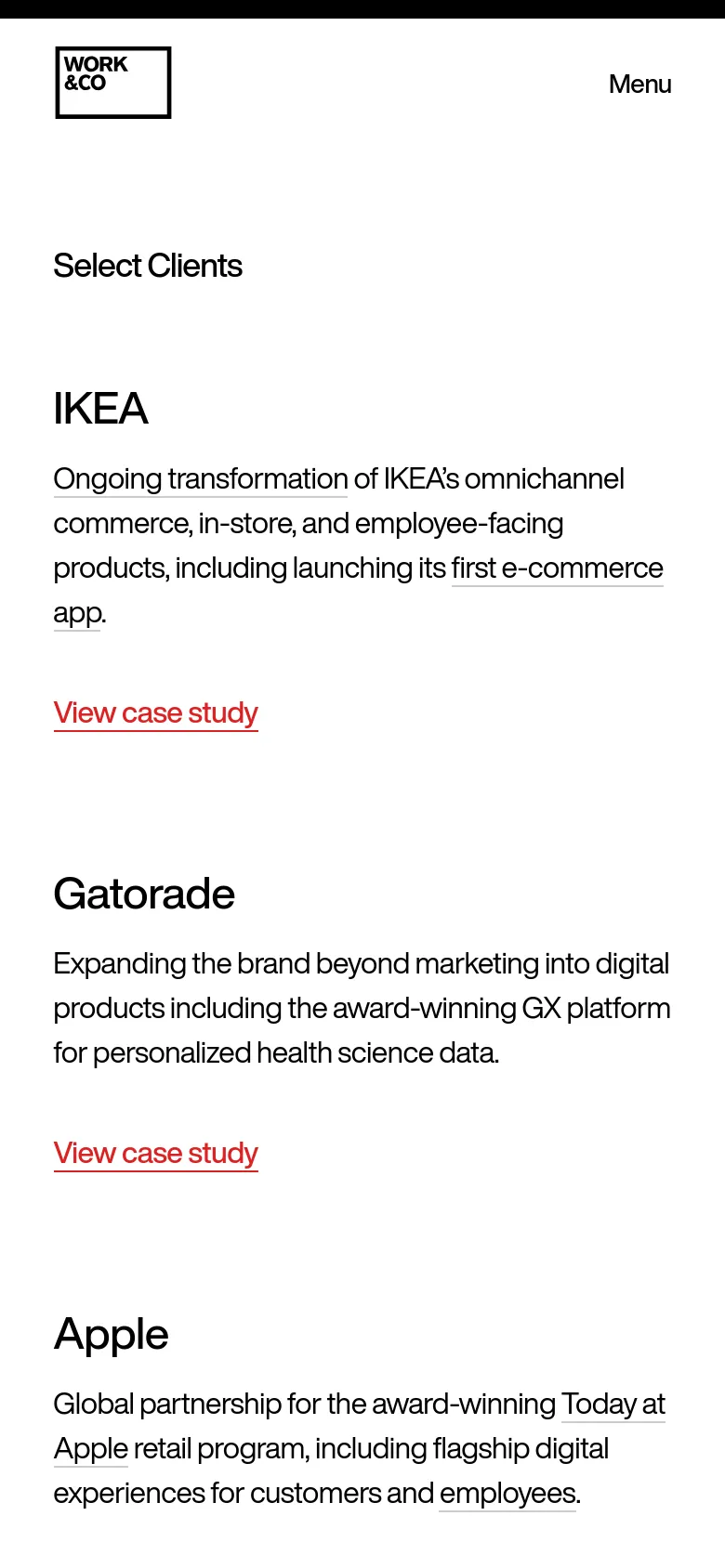 The mobile version simplifies the layout into a single-column vertical stack for easier scrolling. The typography remains large and clear, with client names, descriptions, and red 'View case study' links arranged sequentially down the page.