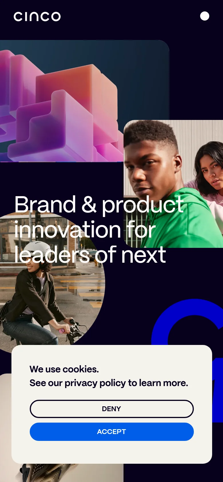 The mobile version presents a vertically stacked, simplified version of the hero section with the same bold white headline against a dark background. The collage of images is condensed to fit the narrow screen, and the cookie consent banner is prominently centered at the bottom with large 'DENY' and 'ACCEPT' buttons.