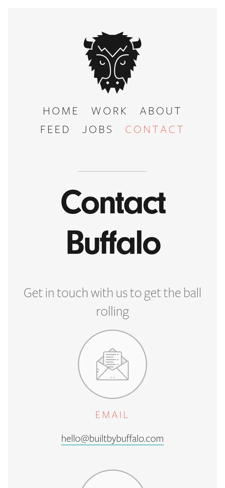 The mobile version presents a vertically stacked layout on a light grey background. The buffalo logo is prominently centered at the top, followed by a condensed navigation menu and the 'Contact Buffalo' headline. Contact options like Email are displayed as large, centered circular icons with text links below them to facilitate easy tapping.