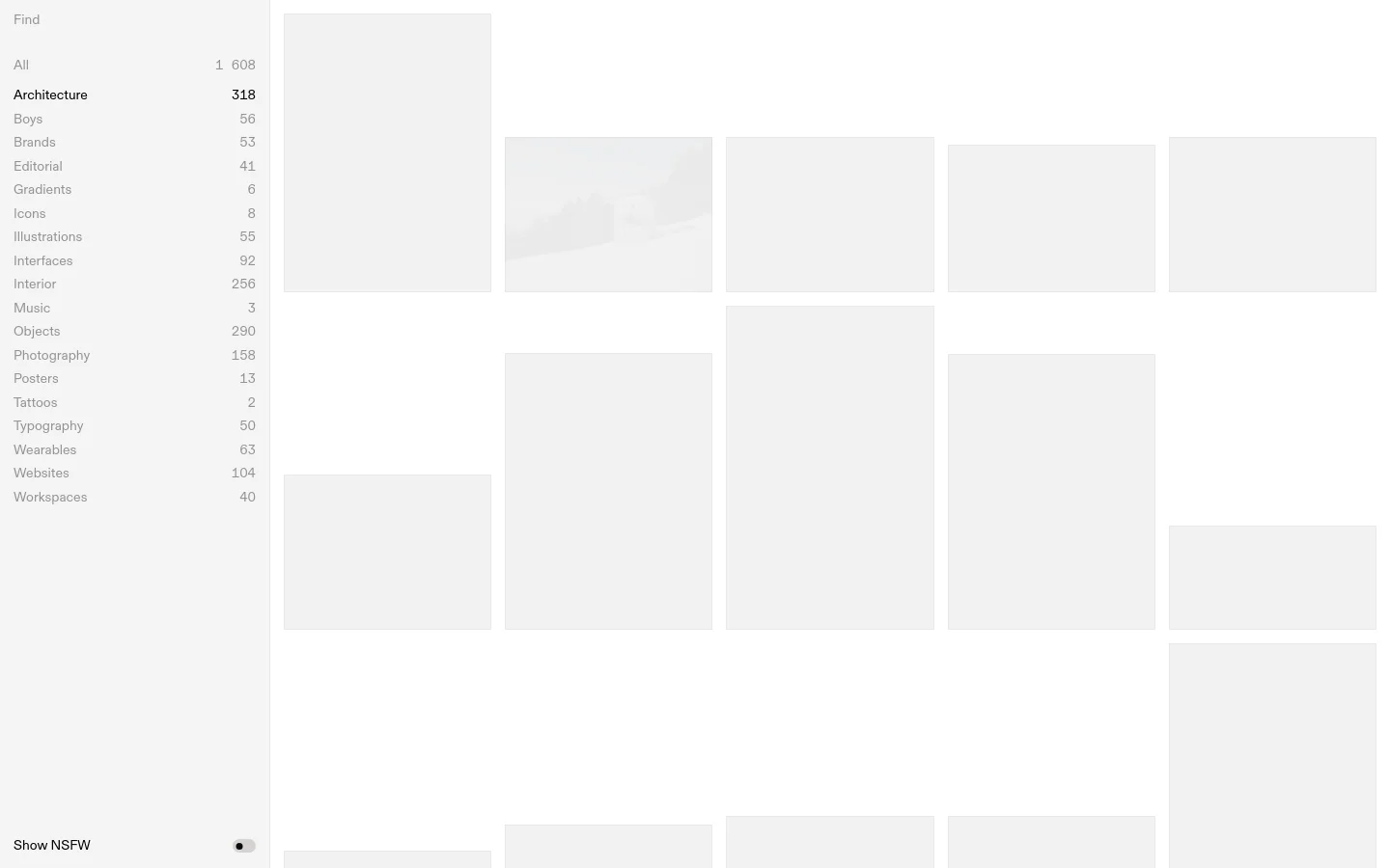 The desktop view features a minimalist white and grey layout with a sidebar on the left containing a searchable list of categories and item counts. The main content area displays a masonry grid of high-quality architectural photographs showcasing modern structures in various landscapes. A 'Show NSFW' toggle is located at the bottom of the sidebar.