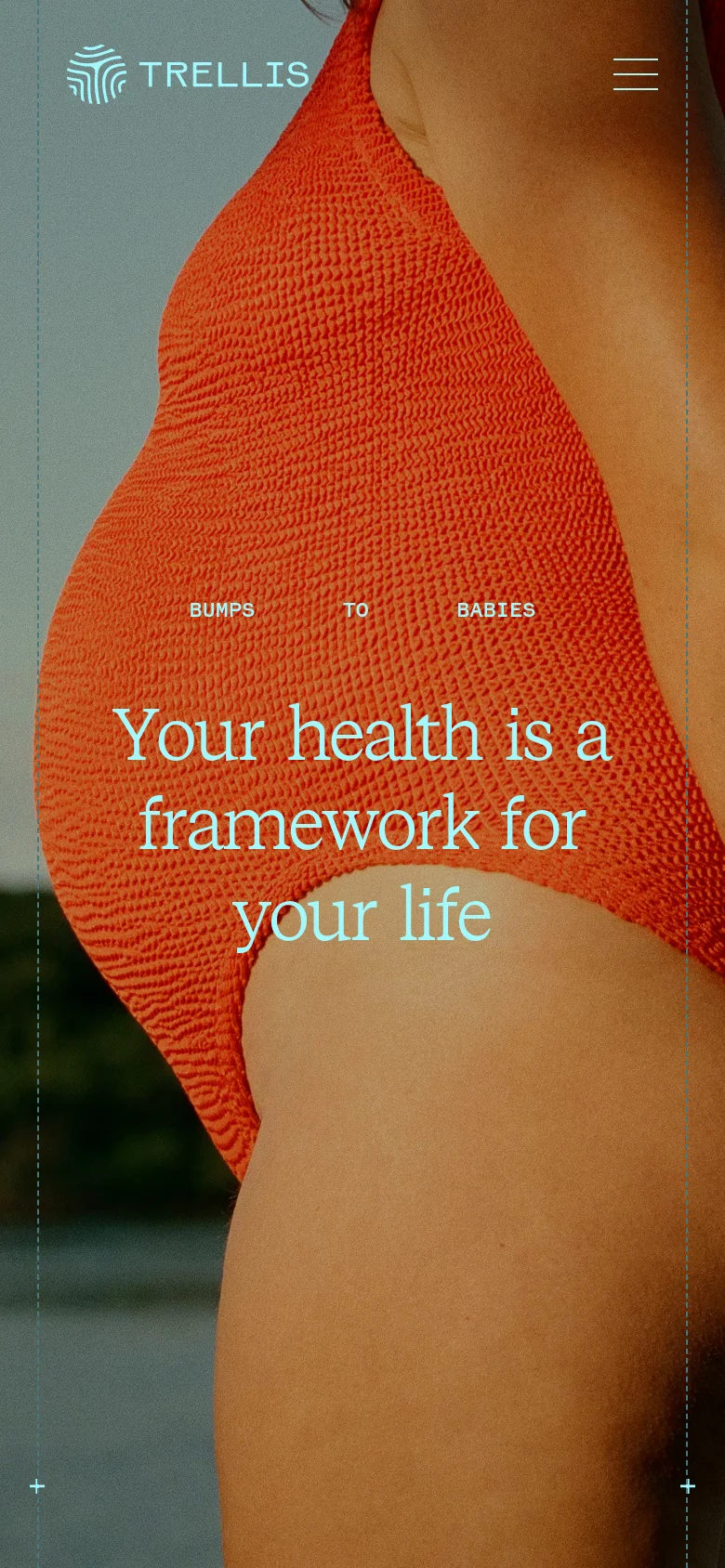 The mobile version presents a single-column vertical layout where the hero image of the person in the orange swimsuit fills the entire background. The headline 'Your health is a framework for your life' is centered over the image in white text, and the navigation is condensed into a hamburger menu icon at the top right.