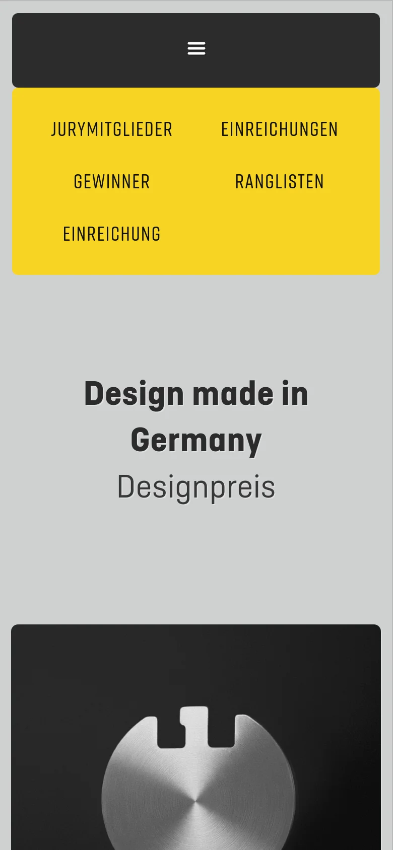 The mobile version simplifies the layout, replacing the top navigation bars with a single dark hamburger menu icon. The yellow sub-navigation links are stacked vertically above the main headline and the large metallic award emblem.