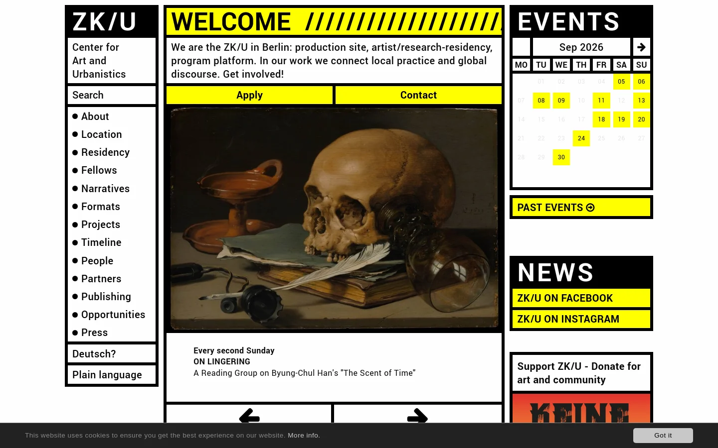 The ZK/U Berlin homepage features a high-contrast, brutalist design with a black, white, and bright yellow color scheme. The layout includes a left-hand navigation sidebar, a central welcome section with 'Apply' and 'Contact' buttons, and a large hero image of a skull on books. To the right, there are dedicated modules for an event calendar and news links.