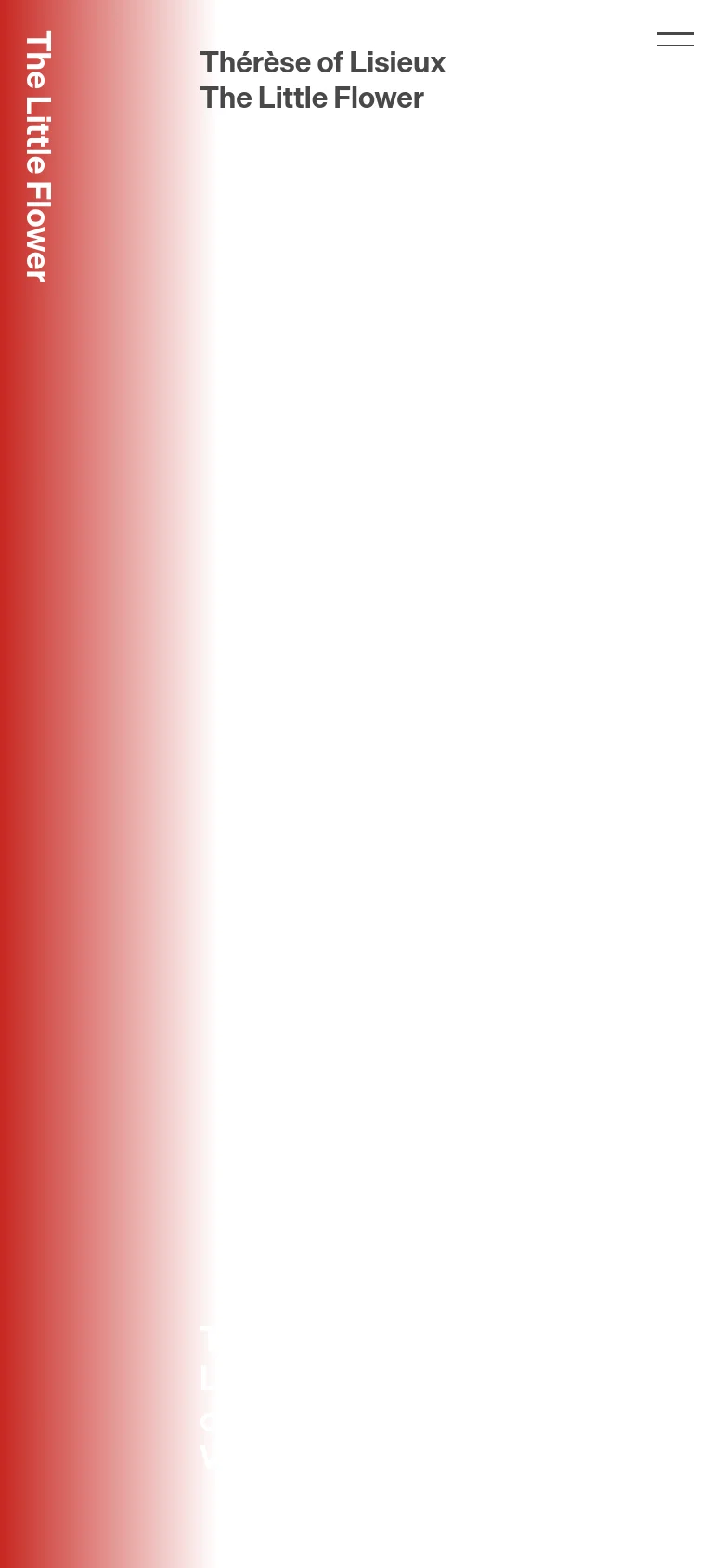 The mobile version presents a simplified, vertical layout with a soft red-to-white gradient background. The main heading 'Thérèse of Lisieux The Little Flower' is prominently displayed at the top, and a hamburger menu icon is located in the top right corner.