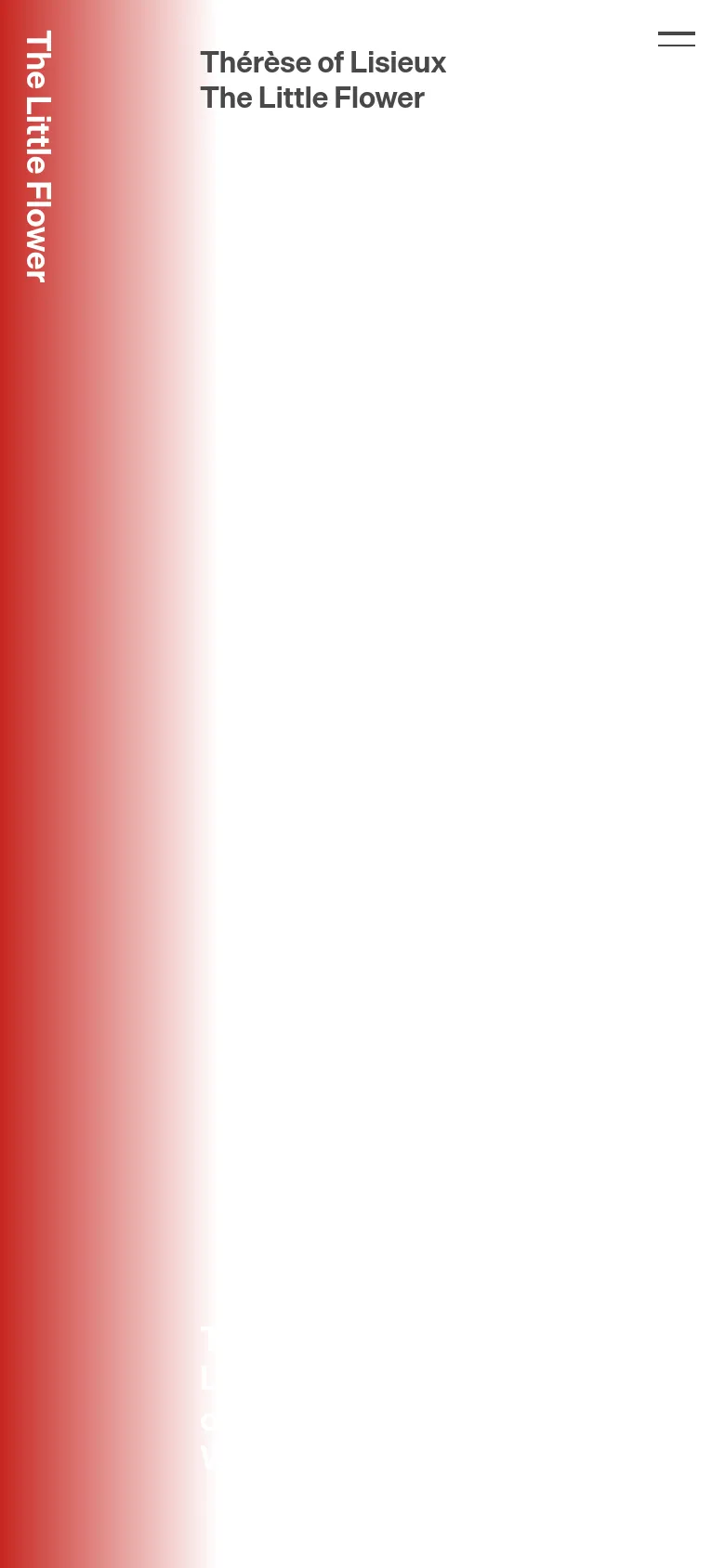 The mobile version presents a simplified, vertical layout with a soft red-to-white gradient background. The main heading 'Thérèse of Lisieux The Little Flower' is prominently displayed at the top, and a hamburger menu icon is located in the top right corner.