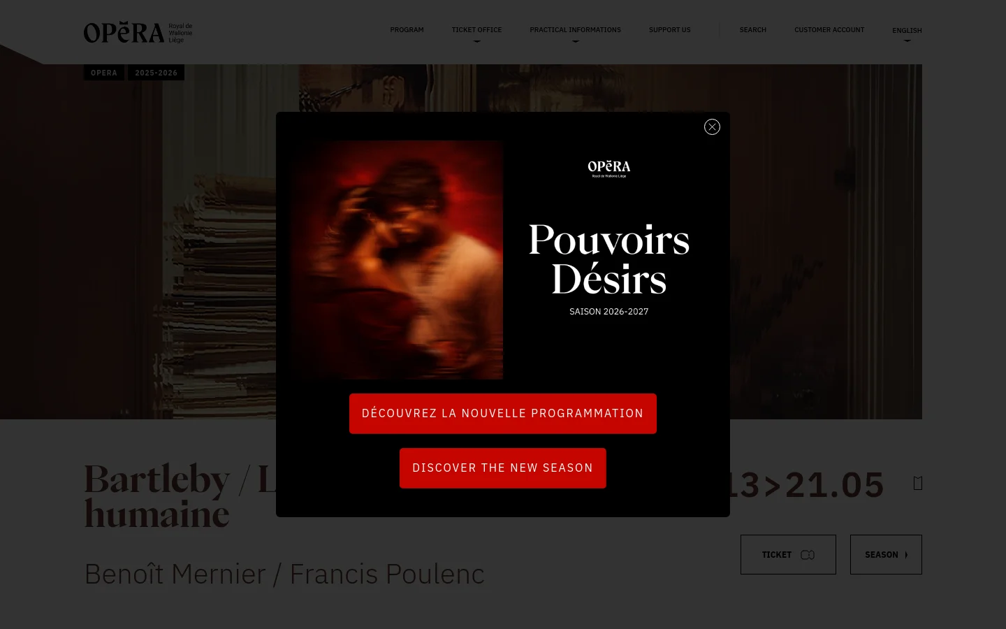 The desktop homepage features a large hero image for the opera 'Bartleby / La Voix humaine' with a prominent dark overlay modal promoting the 2026-2027 season with red call-to-action buttons. A navigation menu at the top includes links for Program, Ticket Office, and Practical Information, while the main content displays event titles, dates, and ticket buttons against a clean, light background.