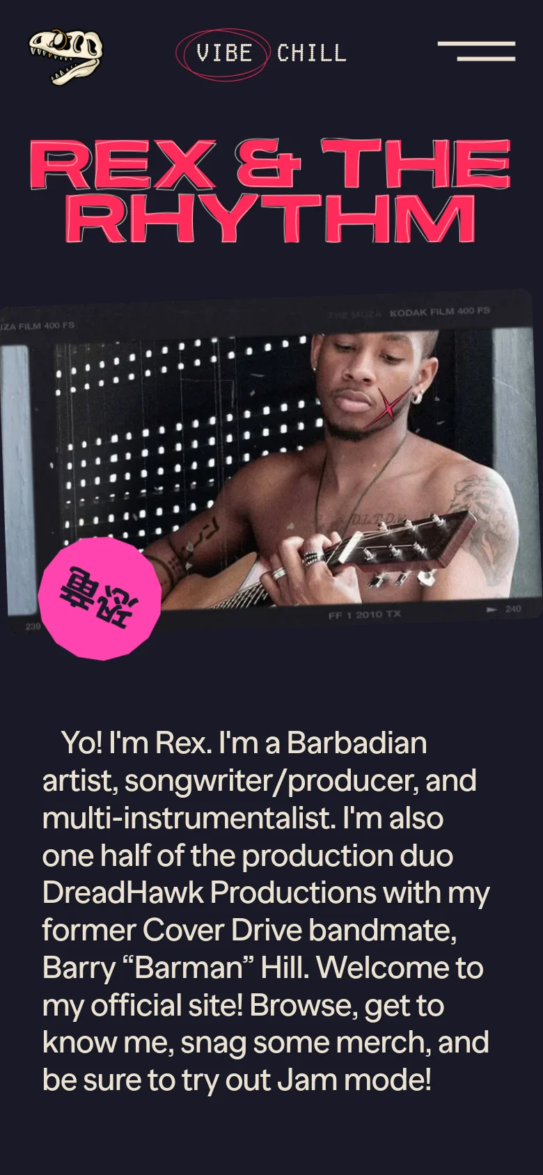 Mobile version of the homepage with a simplified vertical layout. The large pink 'Rex & The Rhythm' headline sits above a central photo of the artist with a guitar, followed by a text introduction. Navigation is condensed into a hamburger menu icon at the top right, and 'Chill' and 'Vibe' buttons are stacked vertically on the left.