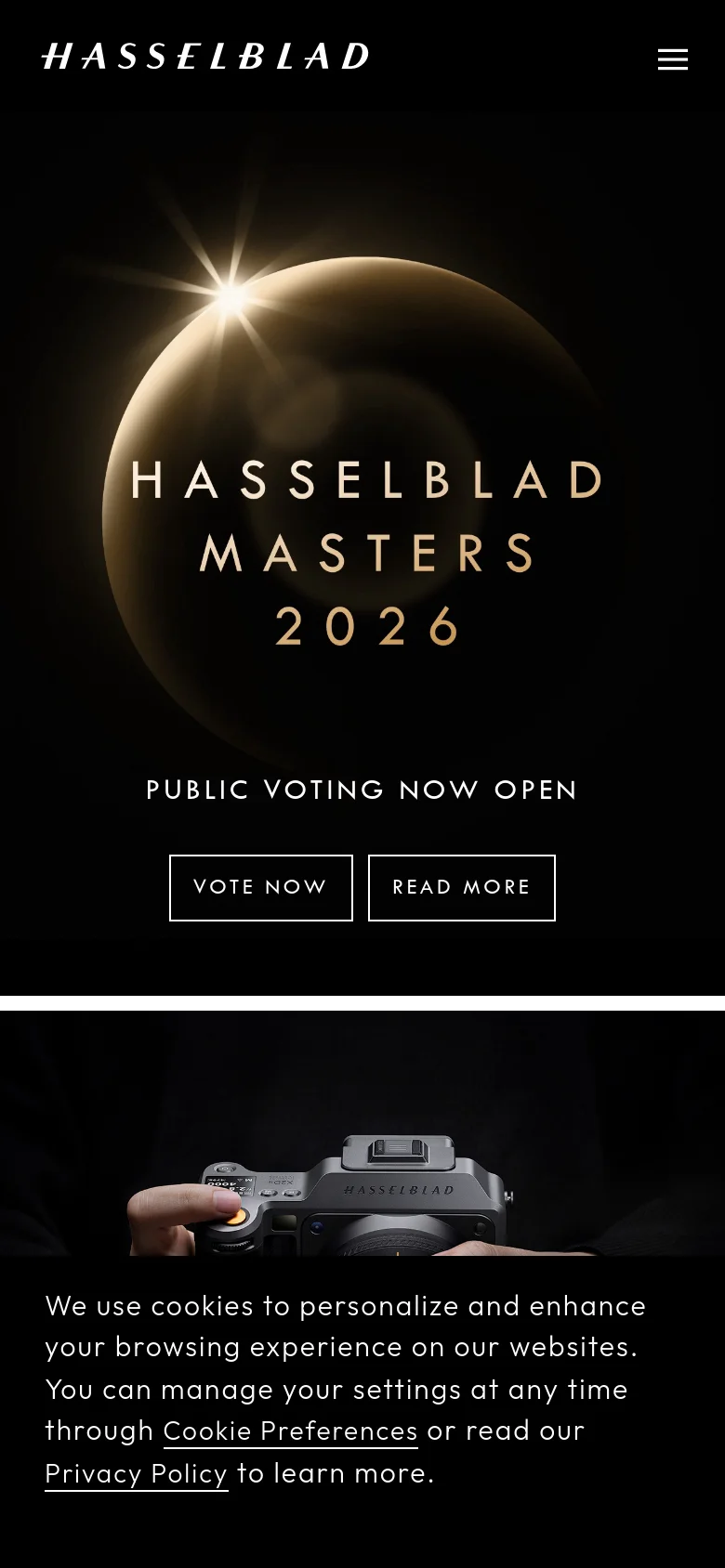 The mobile version presents a vertically stacked layout on a dark background, starting with the 'Hasselblad Masters 2026' eclipse hero image. The navigation is condensed into a hamburger menu, and the product sections follow a single-column format with large imagery and centered text and buttons. The cookie consent banner appears at the bottom of the viewport.