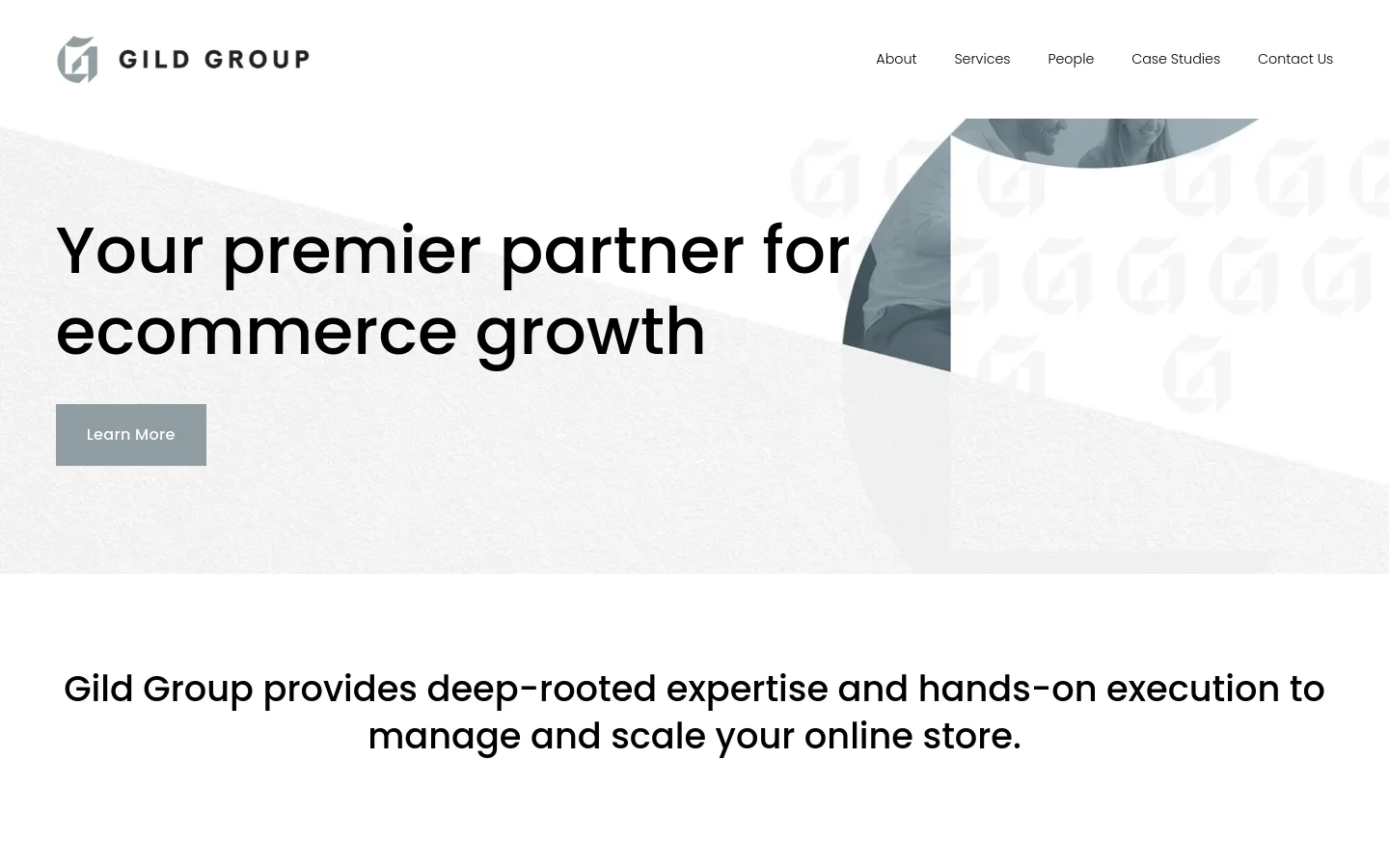 The desktop homepage features a clean, minimalist design with a light gray and white color palette. A large hero section displays the headline 'Your premier partner for ecommerce growth' over a subtle abstract background, accompanied by a 'Learn More' button. Below, three service sections—Ecommerce Growth, Fractional Ecommerce Management, and Business Analysis & Intelligence—are arranged horizontally with blue line icons and descriptive text.