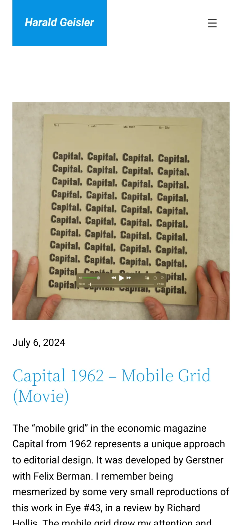 The mobile version maintains the minimalist aesthetic but shifts to a single-column vertical layout. The blue header remains at the top, while the blog post content stacks vertically, placing the large feature image above its corresponding headline and text description for easier scrolling on narrow screens.