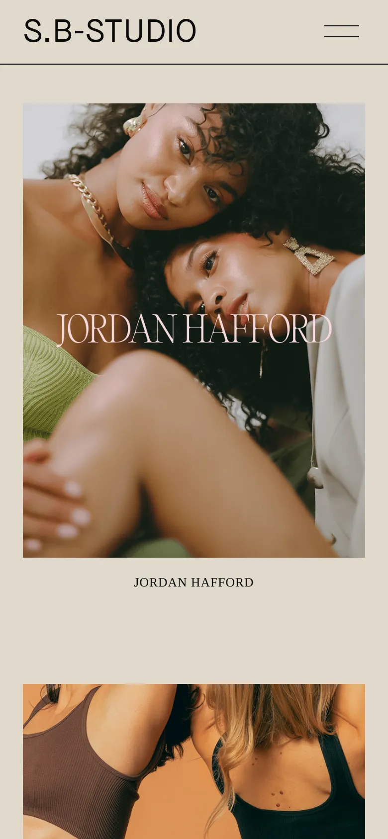 The mobile version maintains the light beige aesthetic but simplifies the layout into a single-column vertical scroll. The top navigation is replaced by a hamburger menu icon next to the S.B-STUDIO logo, and project images are stacked vertically to fit the narrower screen width.