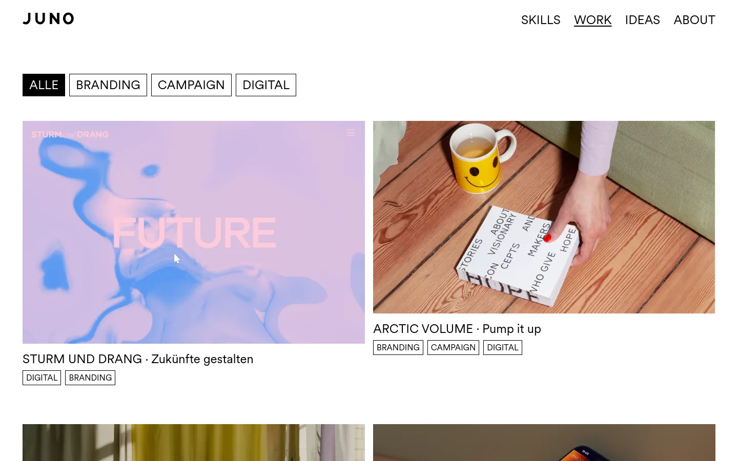 The Work page features a minimalist white background with a navigation menu at the top right. A filter bar allows users to sort projects by Alle, Branding, Campaign, or Digital. Below, a grid displays large project preview images, such as a blue abstract 'FUTURE' graphic and a top-down shot of a person with a smiley face mug, each accompanied by a title and category tags.