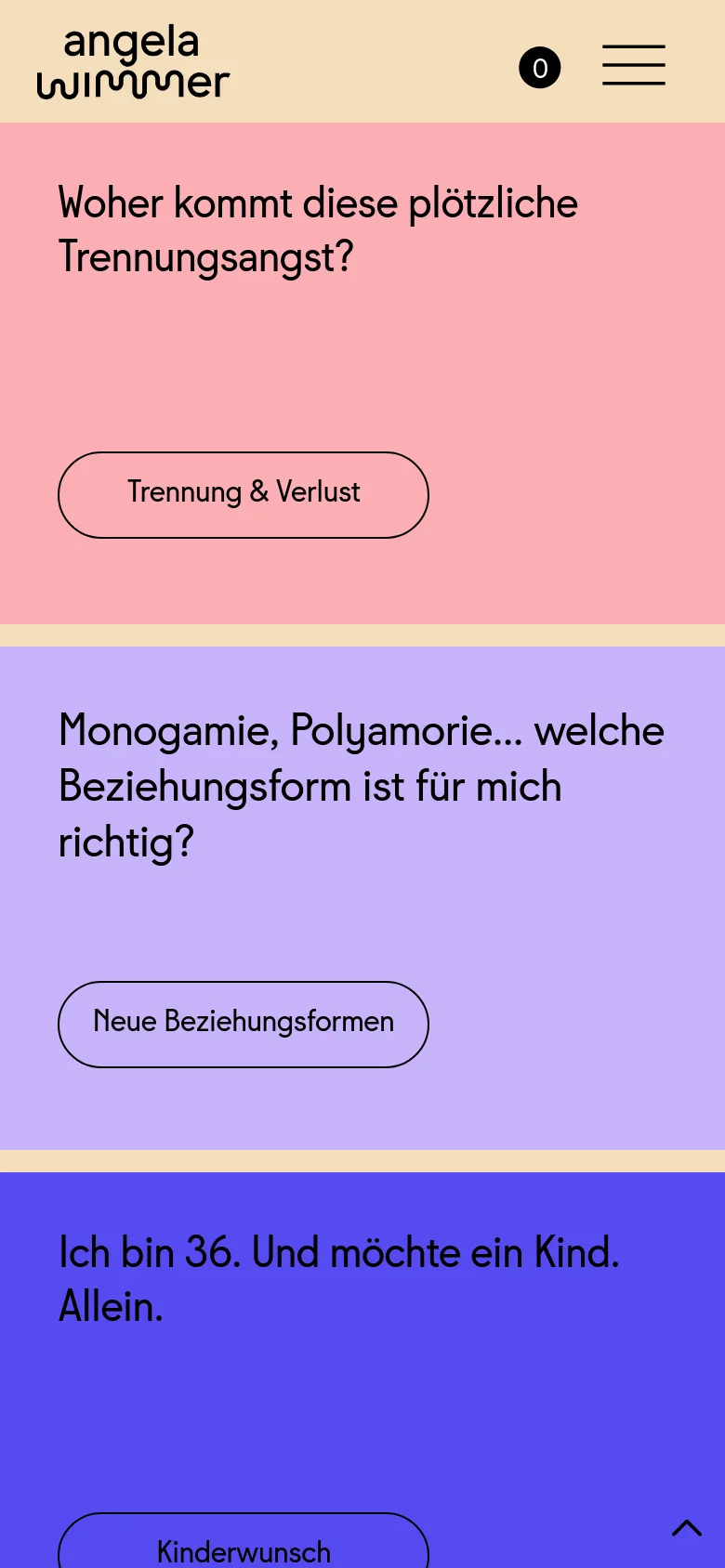 The mobile version presents a simplified, vertical stack of the colorful content blocks seen on desktop. Each section features a large heading with a psychological question and a single rounded button for navigation, such as 'Trennung & Verlust' or 'Neue Beziehungsformen'. The layout is optimized for scrolling on a single column with a prominent hamburger menu in the header.