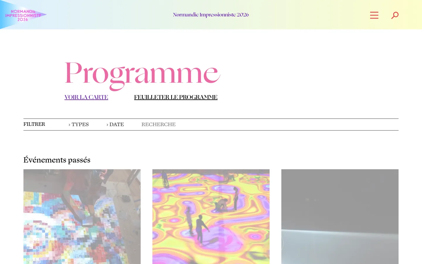 The desktop page features a large pink 'Programme' headline on a light background with links to 'VOIR LA CARTE' and 'FEUILLETER LE PROGRAMME'. Below a horizontal divider, a filtering menu includes options for 'TYPES', 'DATE', and 'RECHERCHE', followed by a section titled 'Événements passés' displaying a grid of colorful event images.
