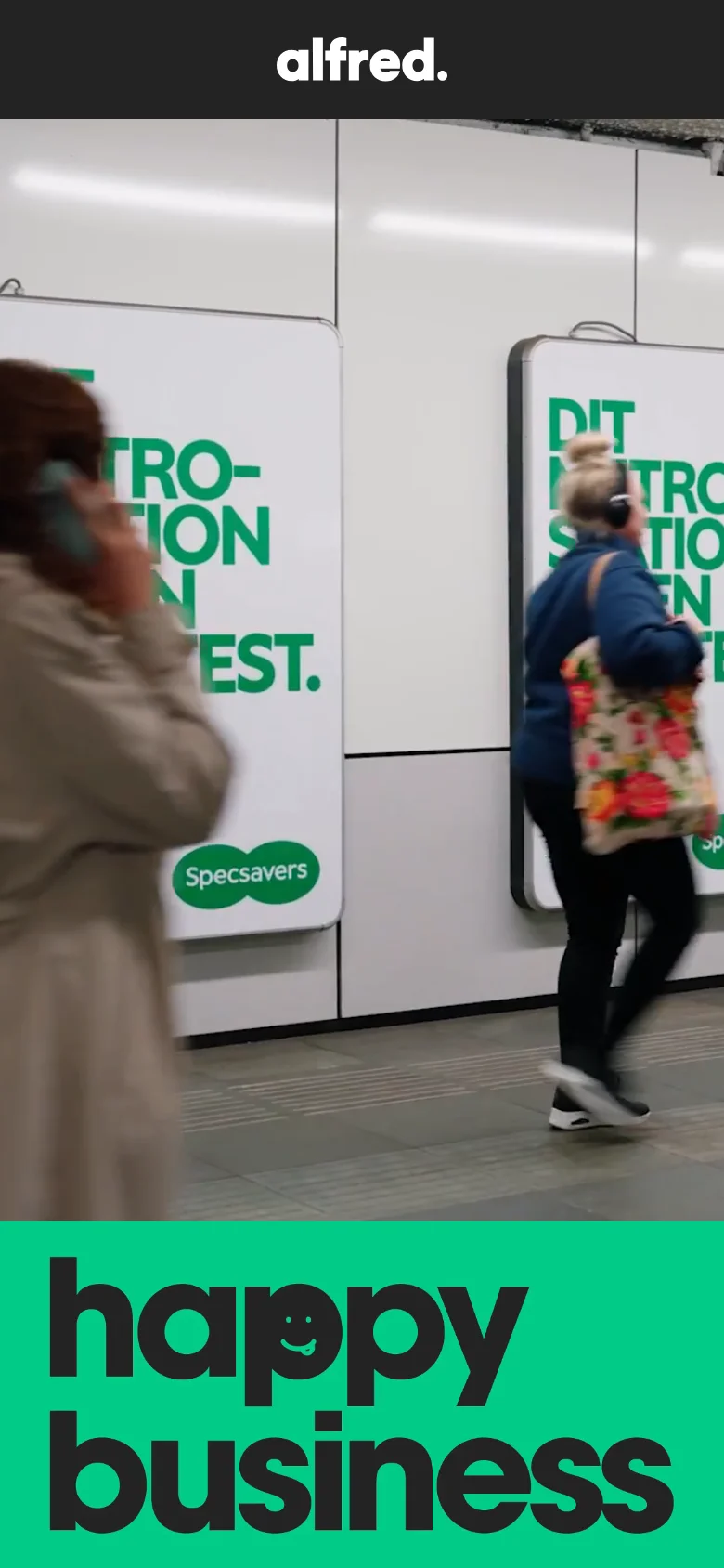 The mobile version presents a vertically stacked layout, starting with the subway station hero image and the 'happy business' graphic. The content transitions into a single-column view for service descriptions and contact information, maintaining the high-contrast green and white color scheme.