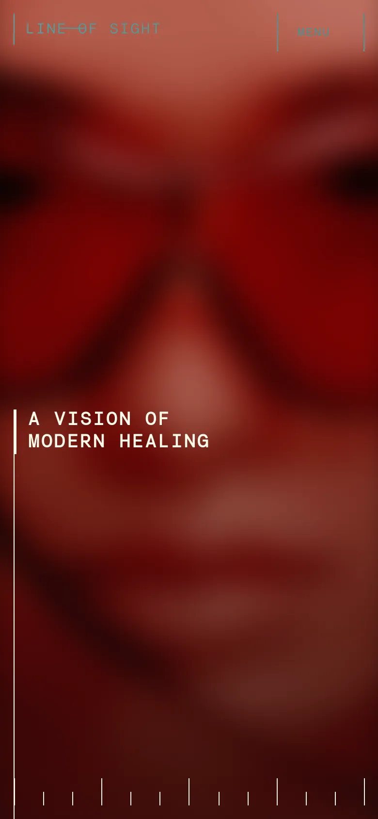 The mobile version simplifies the layout, replacing the side navigation with a 'MENU' button at the top right. The hero image remains a blurred close-up of a person in red glasses, but the headline 'A VISION OF MODERN HEALING' is repositioned to the left side of the screen to accommodate the vertical aspect ratio.