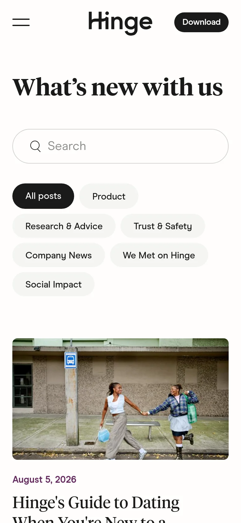 The mobile version of the Newsroom page presents a vertically stacked layout optimized for small screens. The Hinge logo and a 'Download' button are at the top, followed by the 'What’s new with us' headline and a search bar. Category filters are arranged in multiple rows, and news articles appear as large, single-column cards with prominent images and text.