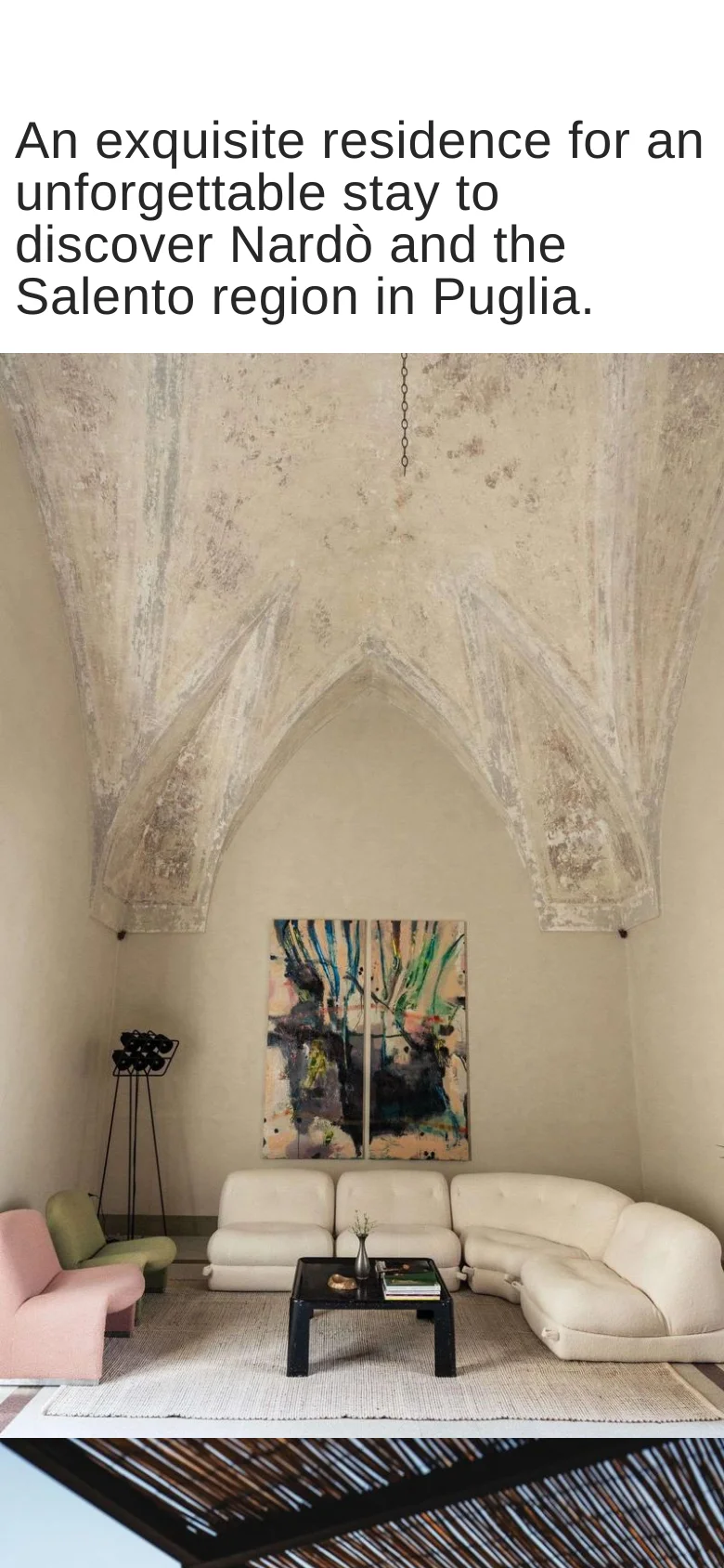 The mobile version maintains the minimalist aesthetic, presenting a vertically oriented view of the vaulted stone architecture and living space. The headline is stacked vertically to fit the narrow screen, and the navigation links are condensed to accommodate the smaller viewport.