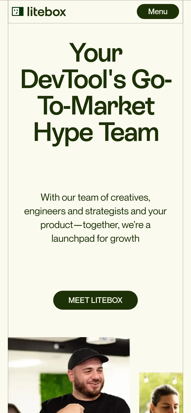 The mobile version presents a vertically stacked layout on a cream background, with the large dark green headline centered at the top. The descriptive text follows below, leading to a prominent dark green 'MEET LITEBOX' button, and the navigation is condensed into a 'Menu' button in the top right corner.
