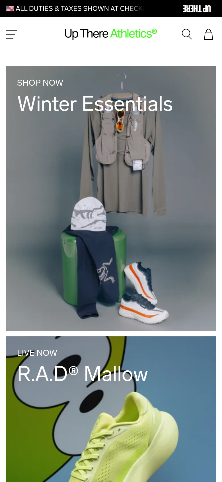 The mobile version features a condensed header with a hamburger menu, the brand logo, a search icon, and a shopping bag icon. The hero section stacks the two large promotional images vertically, with 'Winter Essentials' appearing above the 'R.A.D® Mallow' image.