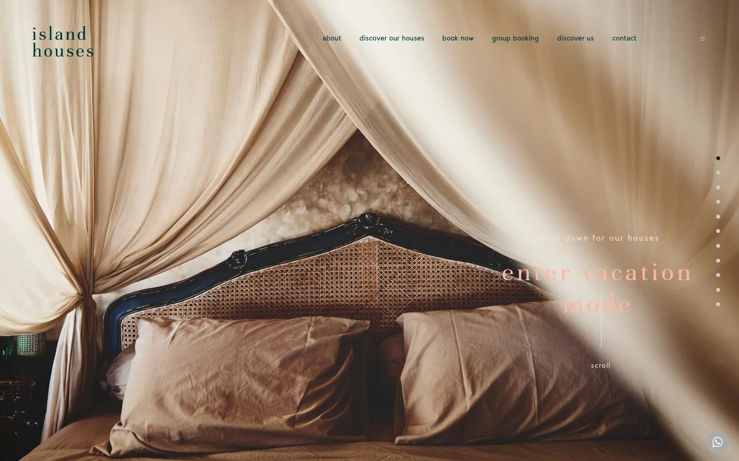 The desktop homepage features a minimalist design with a large hero image of a bed with draped cream curtains. A navigation menu at the top includes links for 'about', 'discover our houses', and 'book now', while the center displays the headline 'enter vacation mode' in a serif font. The color palette is composed of warm, neutral earth tones.